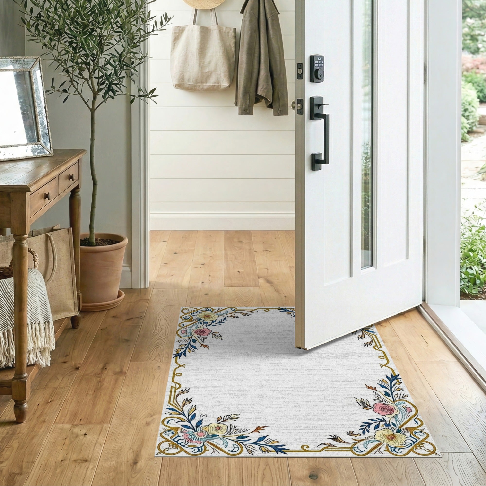 Ornate Gold-Trimmed Floral Border Rug