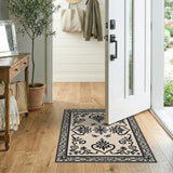 Ornate Black Floral Motif Beige Area Rug