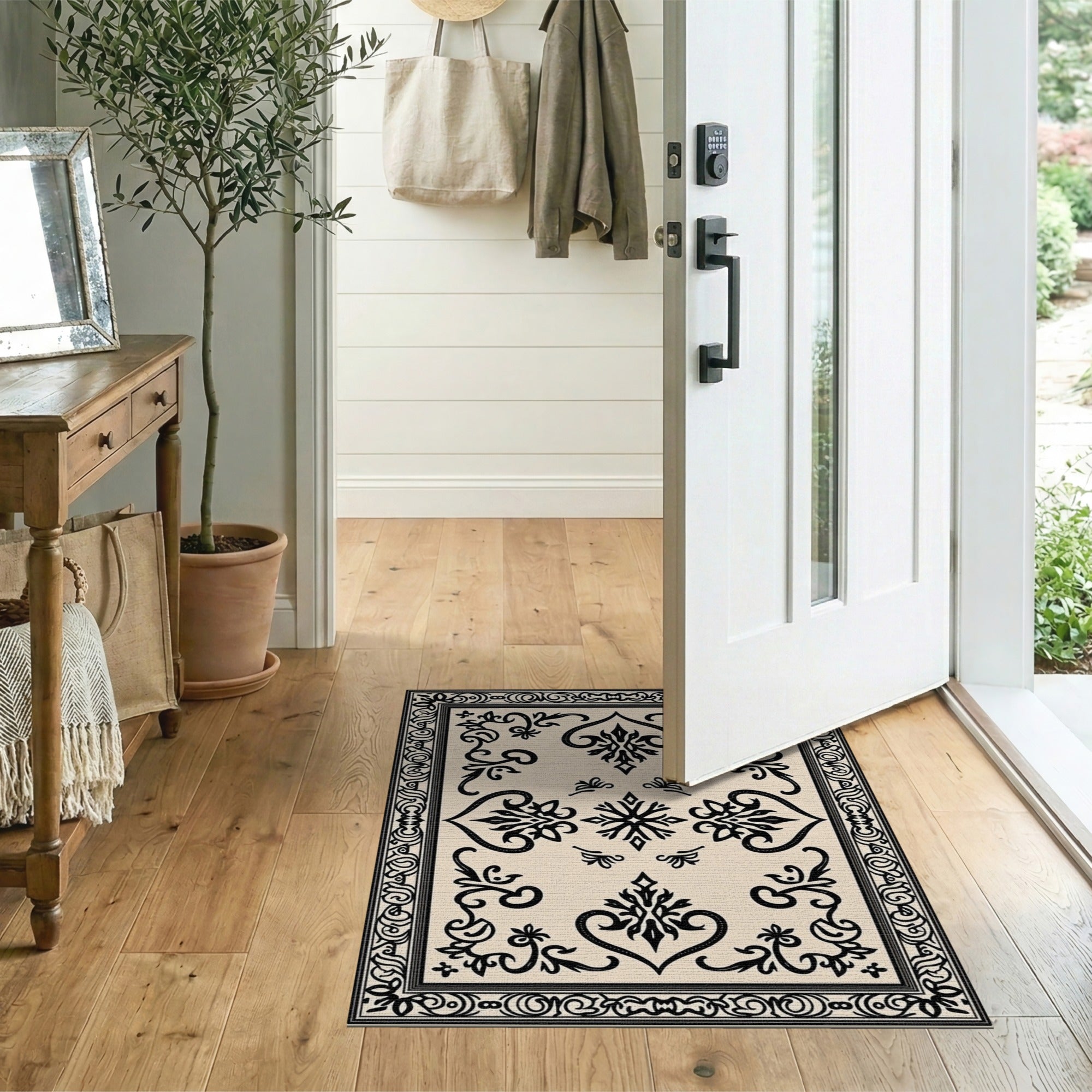 Ornate Black Floral Motif Beige Area Rug