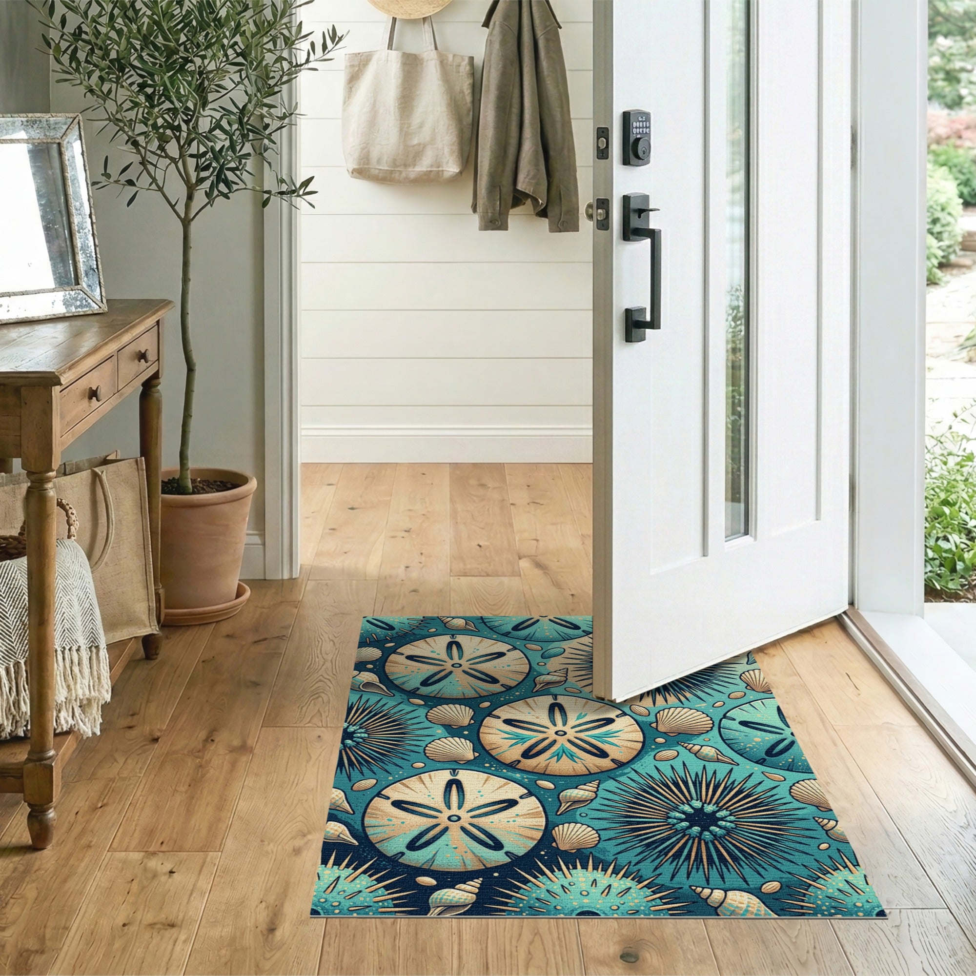 Teal Sea Urchins Sand Dollars Coastal Area Rug