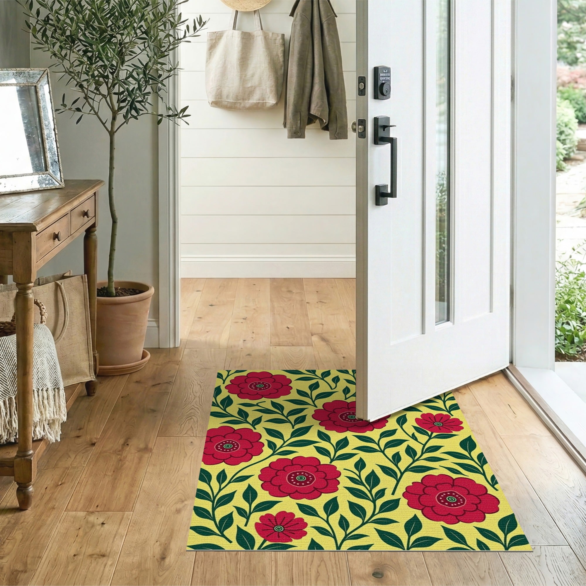 Vibrant Red Peony Floral Yellow Area Rug