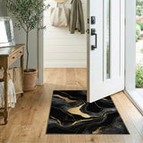 Black & Gold Abstract Marble Washable Area Rug - Low Pile & Non-Slip