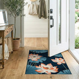 Teal Lotus Leaves Pink Bloom Navy Area Rug