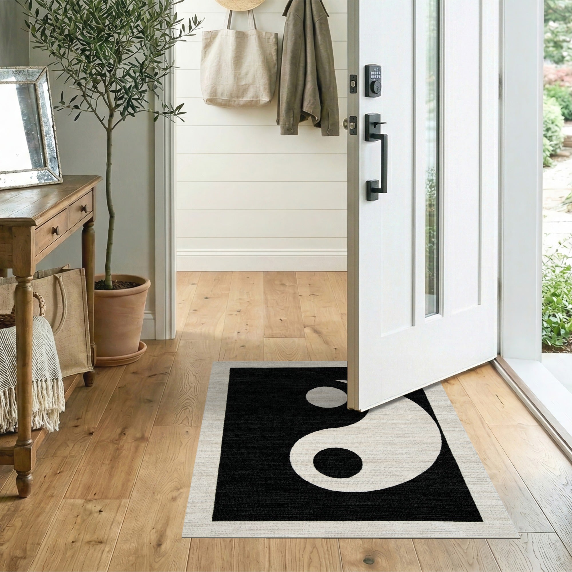 Geometric Modern Yin-Yang Balance Black White Area Rug