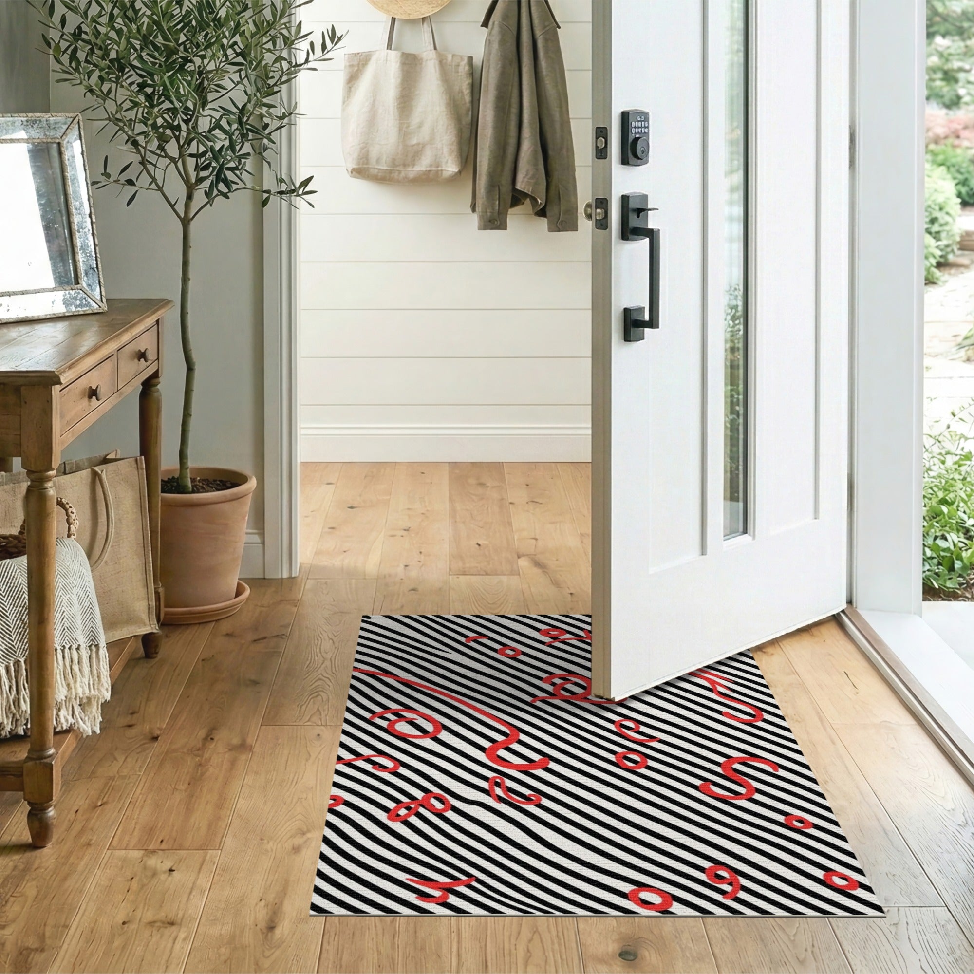 Zigzag Black White Rug with Red Doodles