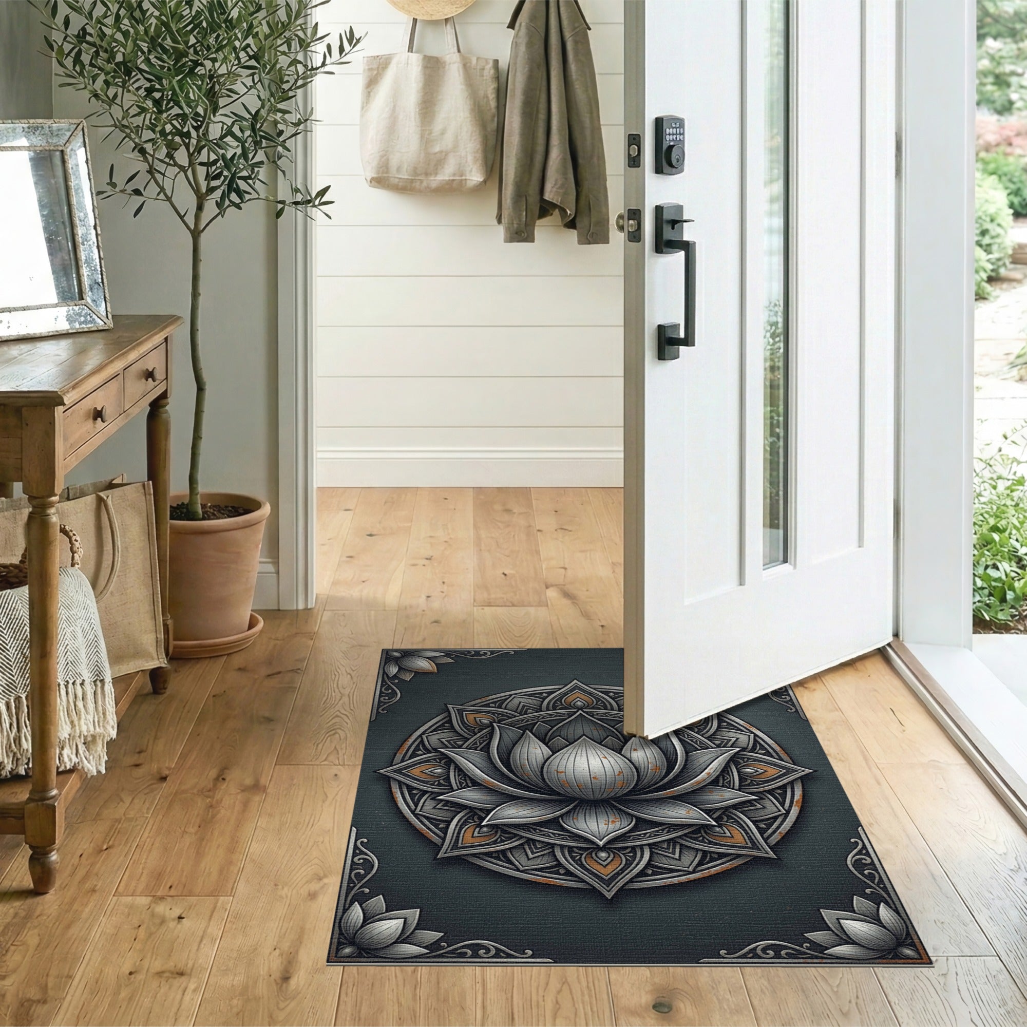 Silver Lotus Mandala Distressed Area Rug