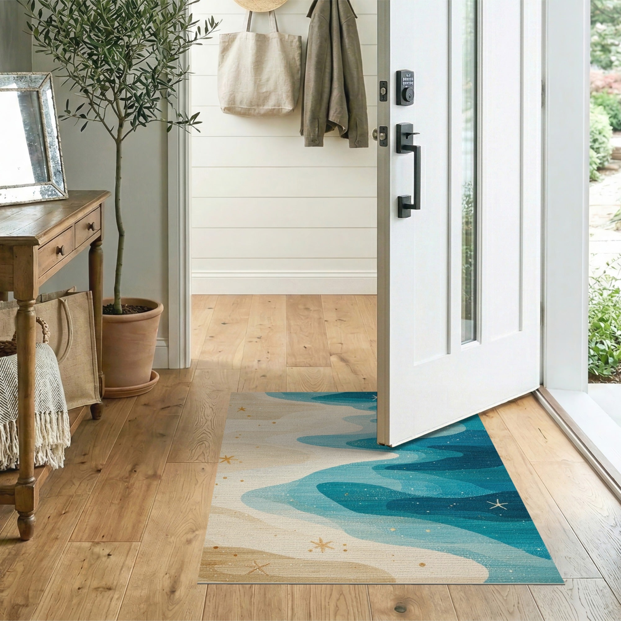 Washable Coastal Ocean Wave Area Rug - Blue Beach Starfish, Low Pile & Non-Slip