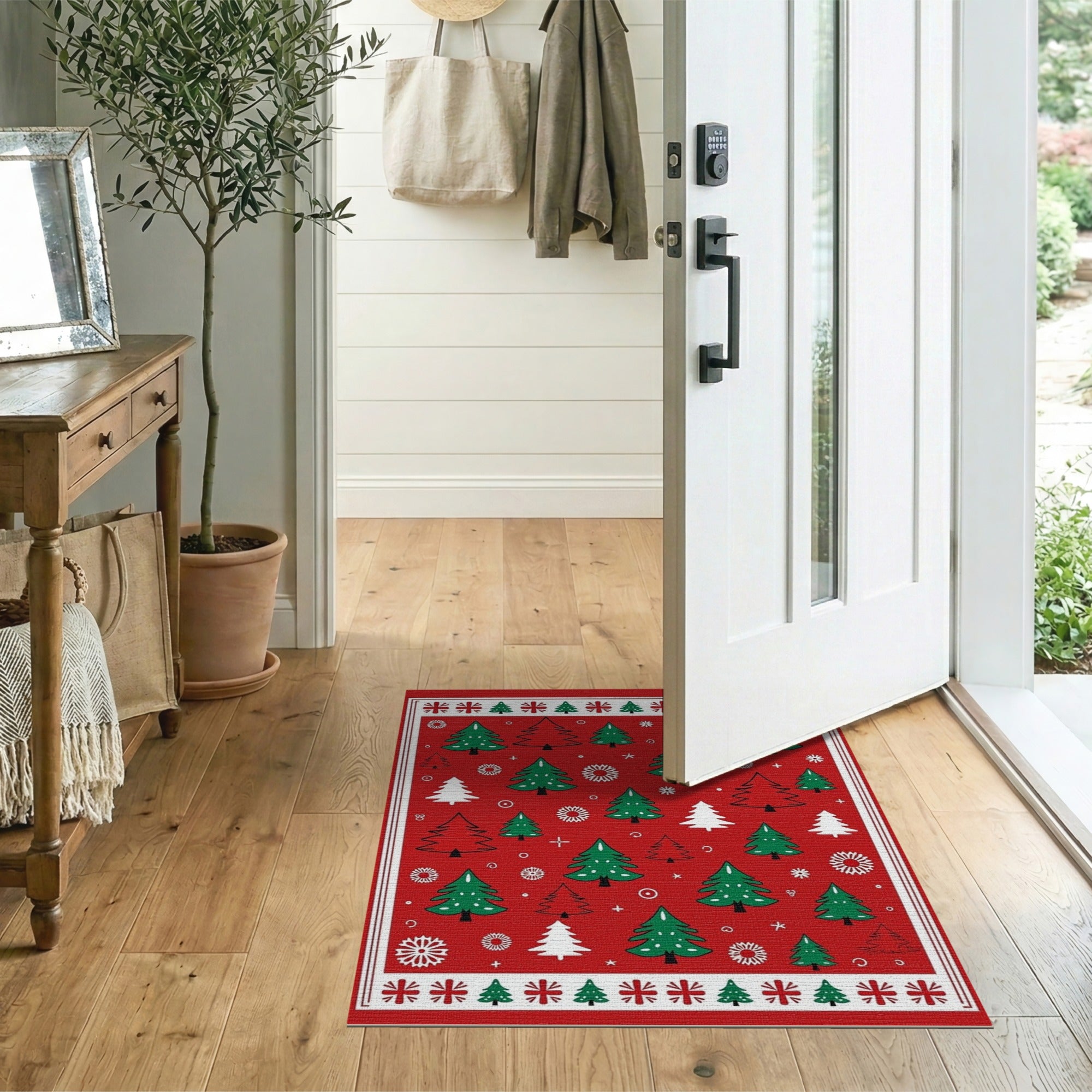 Multi-color and Patterns Festive Christmas Trees Snowflakes Red Area Rug