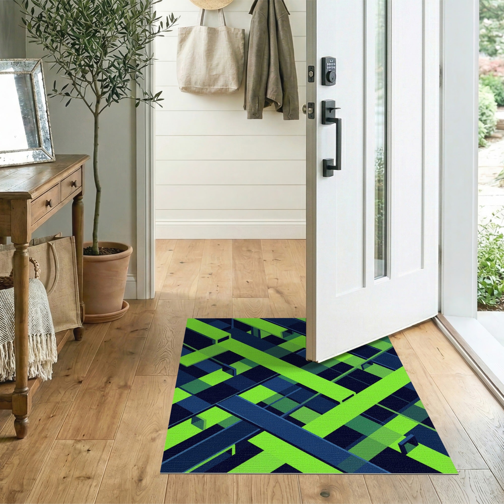 Vibrant Lime Green Navy Geometric Area Rug