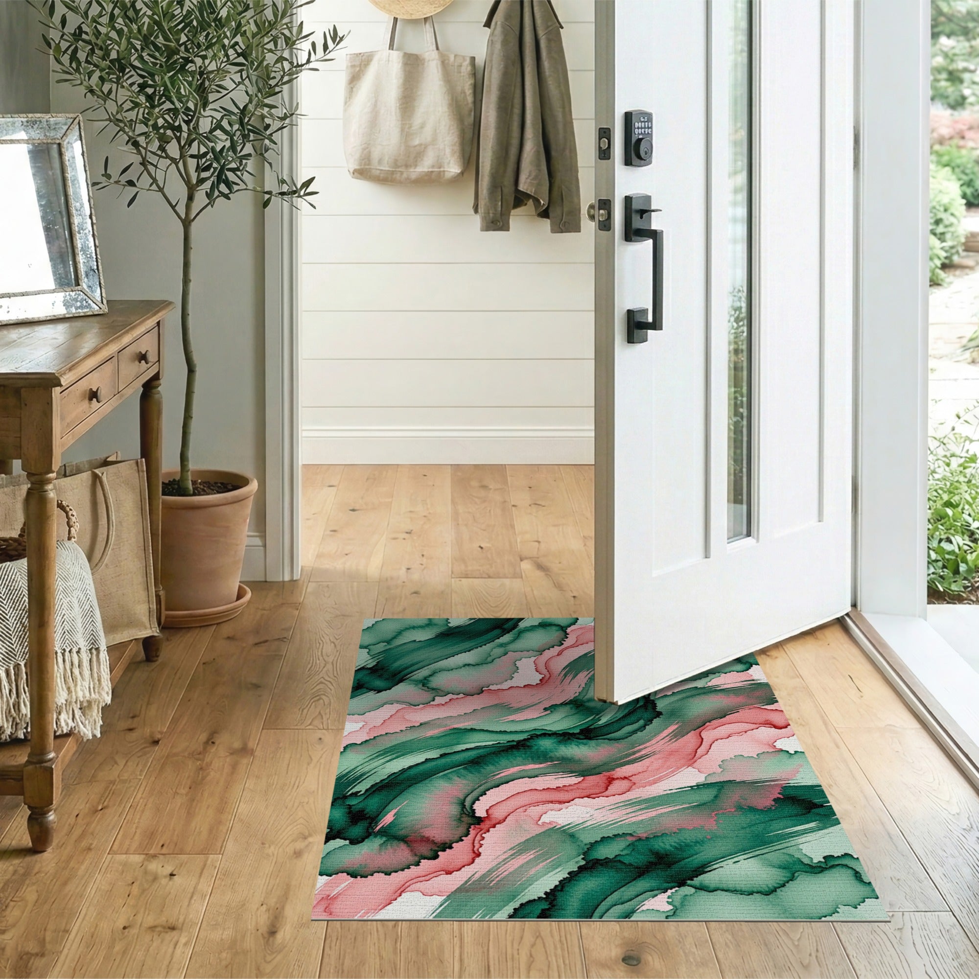 Fluid Green Pink Abstract Area Rug