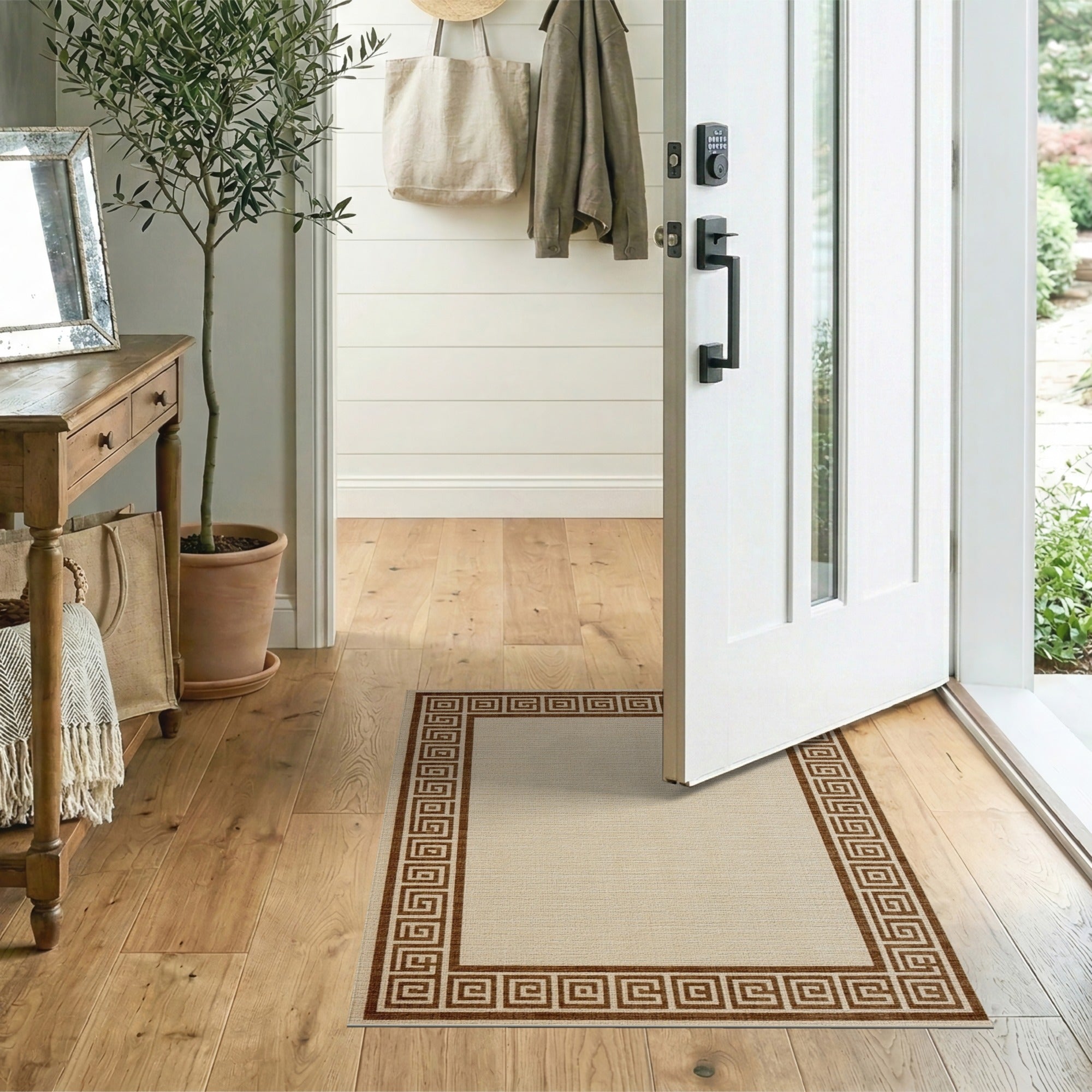 Greek Key Tan Border Beige Area Rug