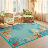 ODIKA Coastal Starfish & Shell Mosaic Turquoise Washable Area Rug