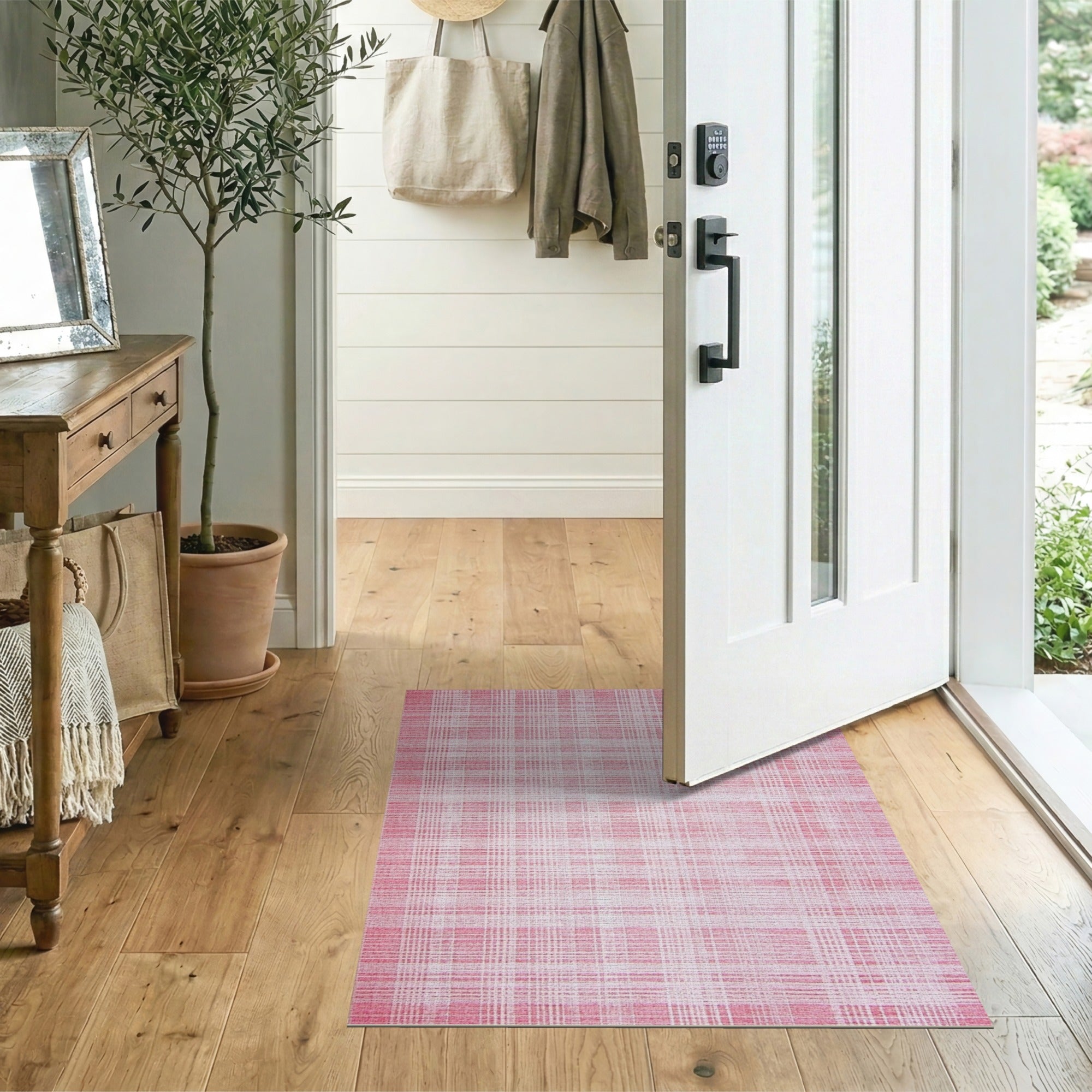 Pink Checkered Distressed Vintage Area Rug
