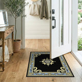 Black Persian Medallion Area Rug with Gold Floral Blue Border
