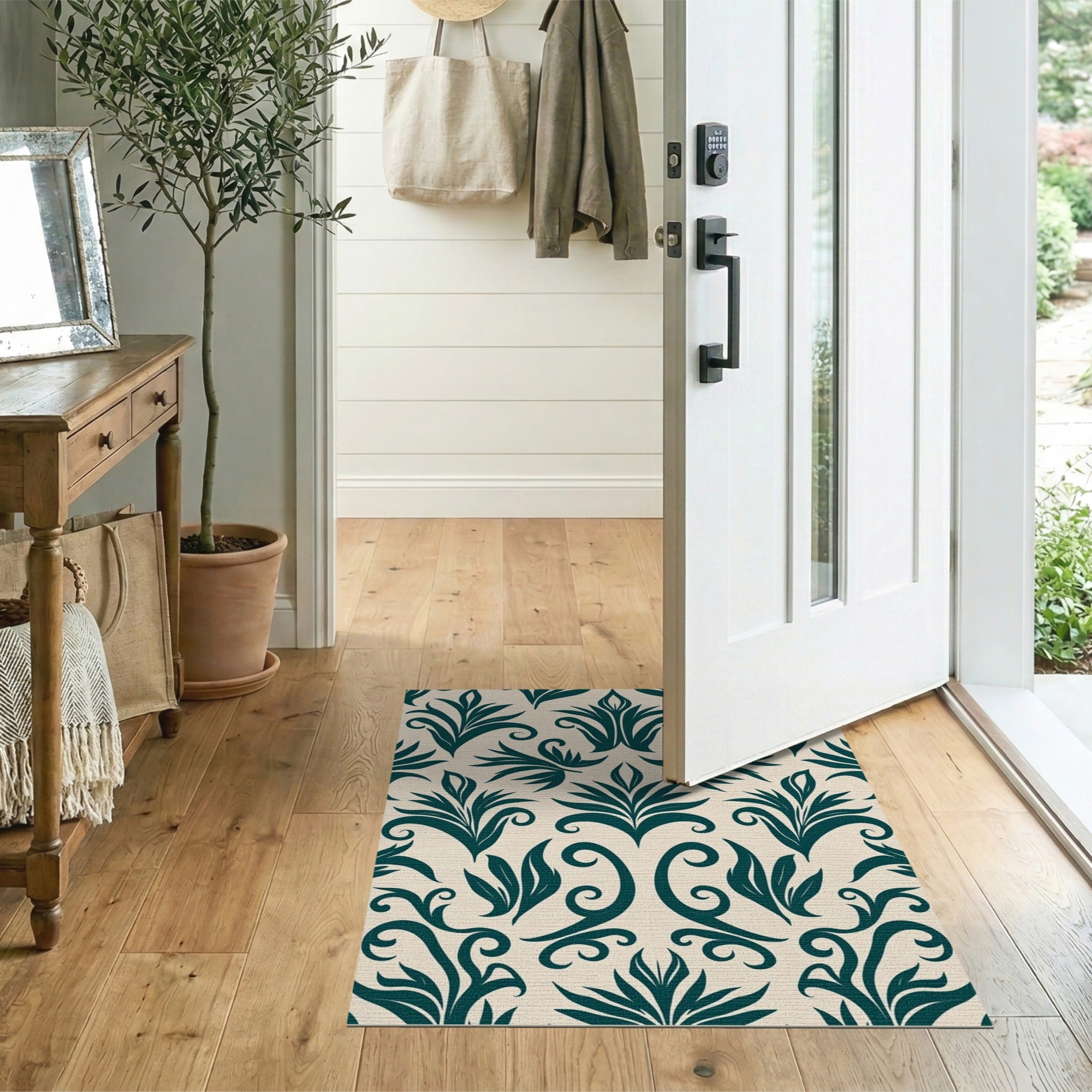 Elegant Teal Foliage Floral Area Rug