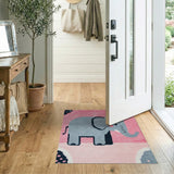 Cute Gray Elephant on Vibrant Pink Kids Rug