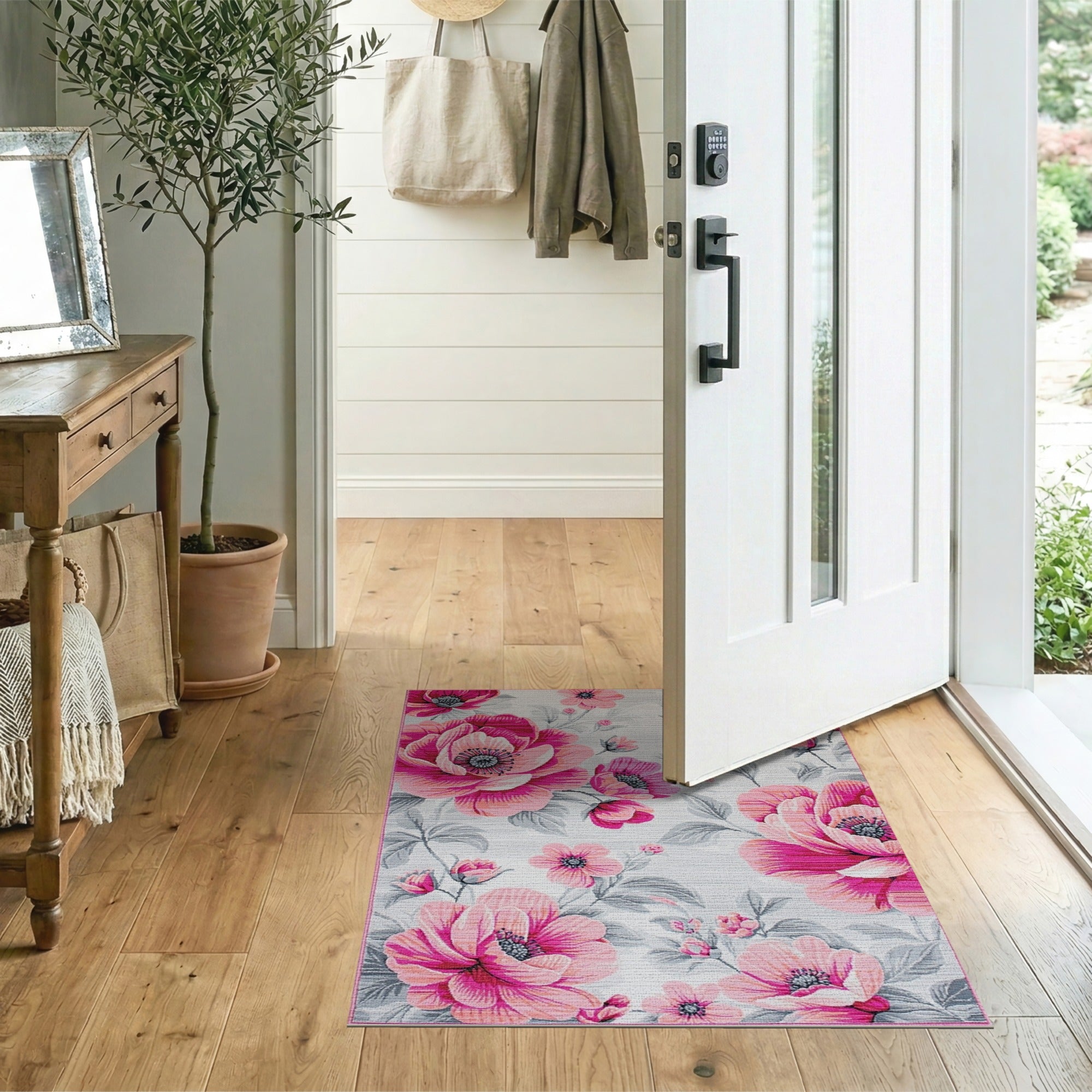 Pink Poppy Floral Area Rug on Grey