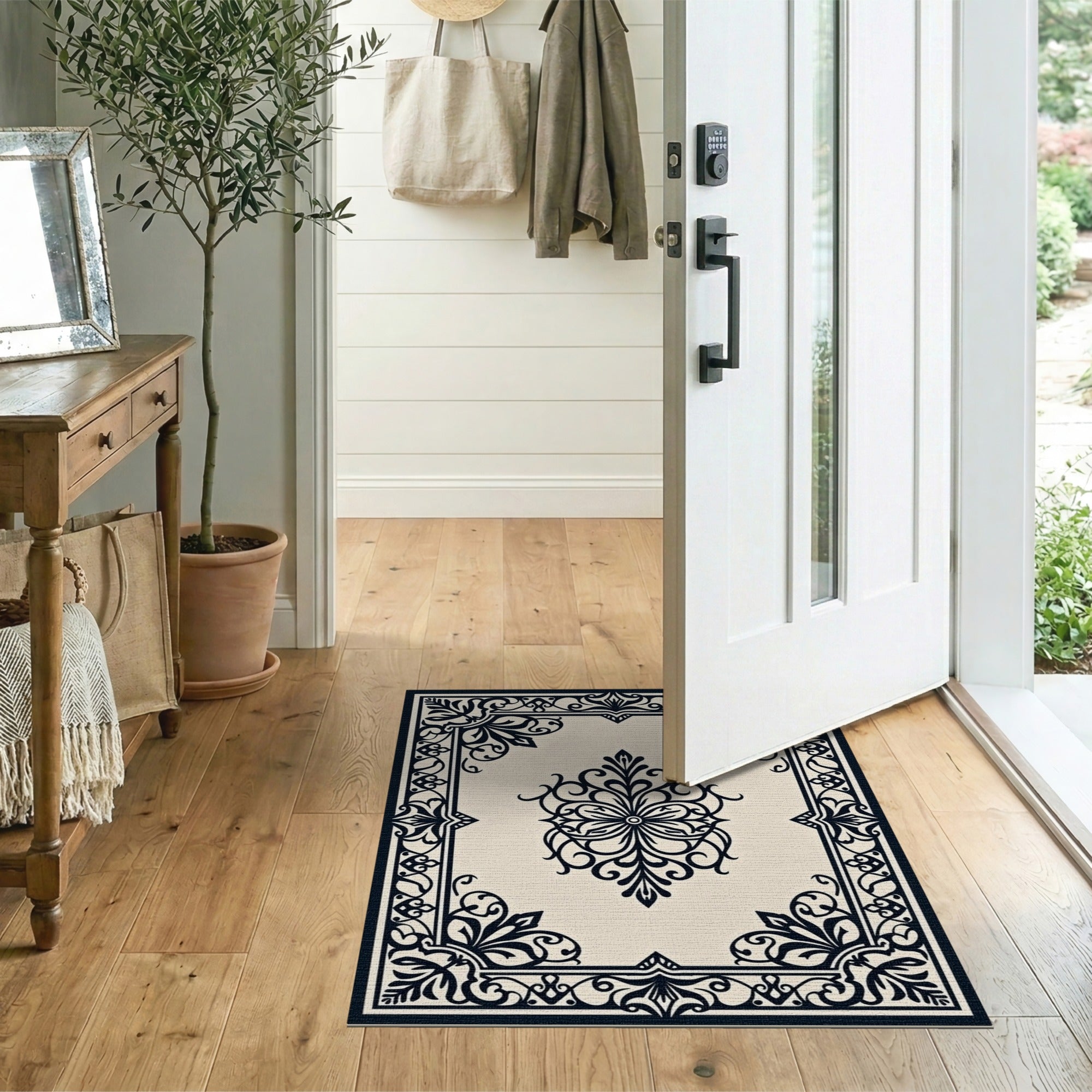 Black and White Floral Vintage Ornate Black Floral Border Area Rug