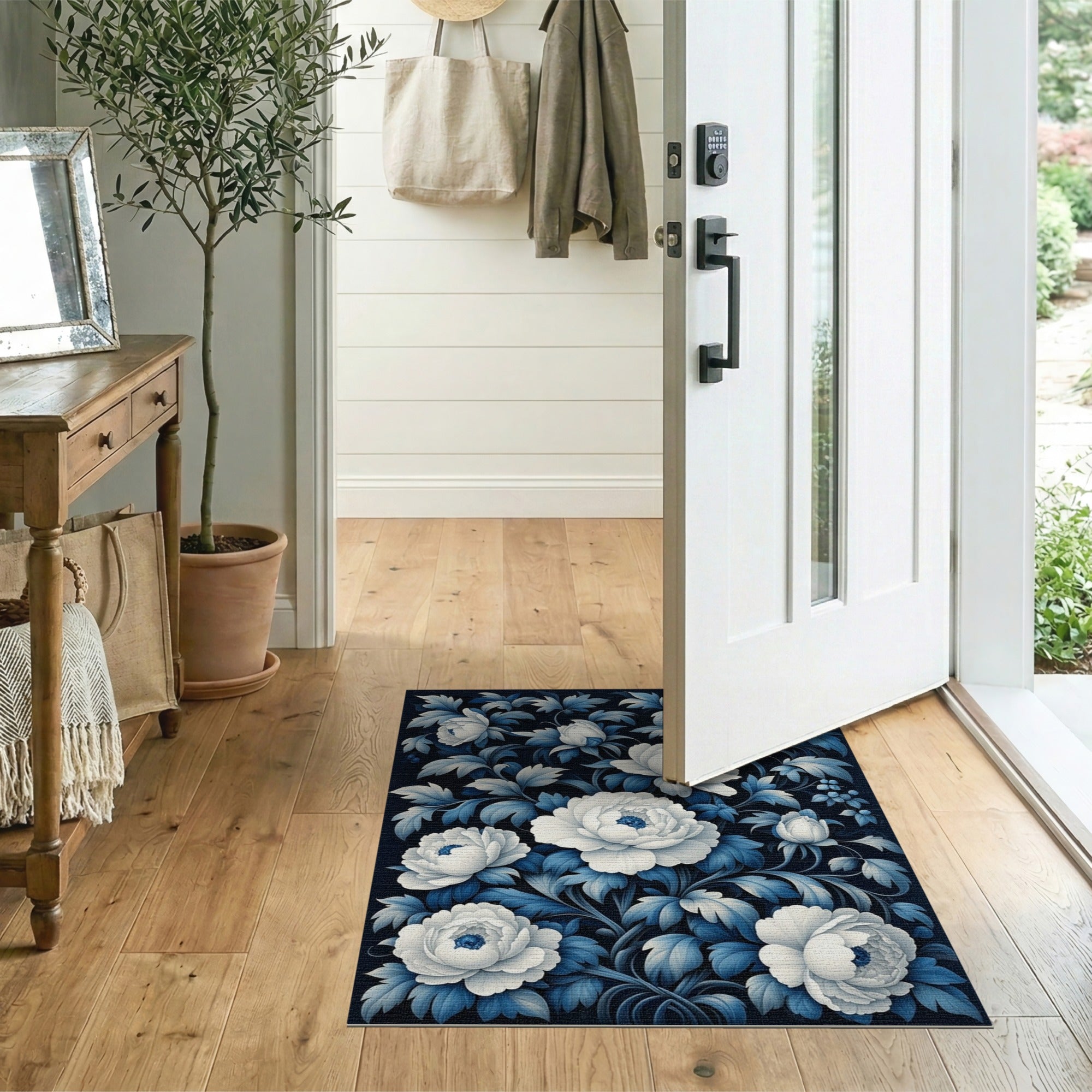 ODIKA Blue and White Peony Washable Rug - Low Pile Floral Area Rug