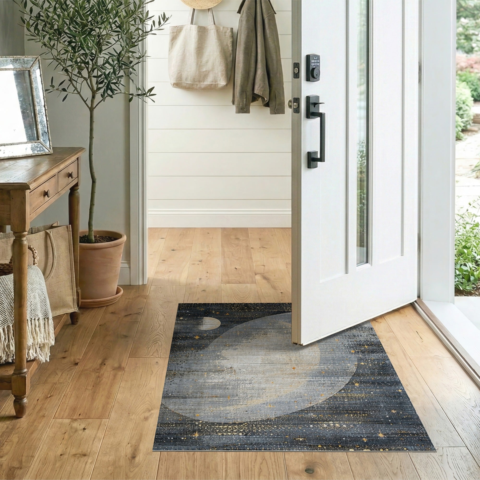 Gold Stars Crescent Moon Night Sky Rug