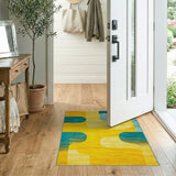 Vibrant Yellow Teal Curved Geometric Area Rug