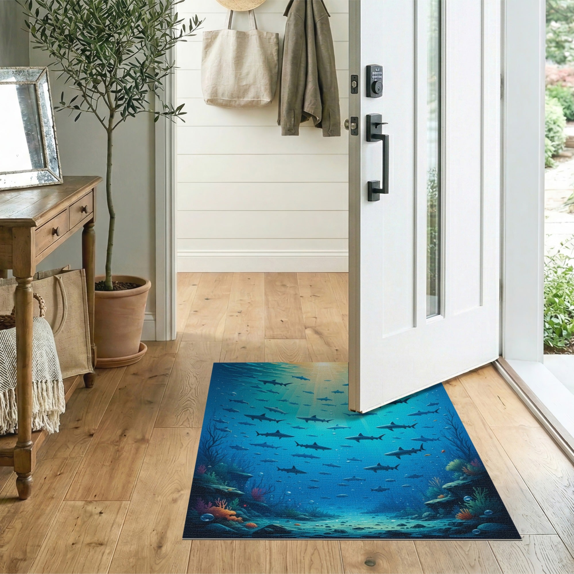 ODIKA Washable Shark Ocean World Area Rug - Non-Slip Low Pile Kids Room Decor