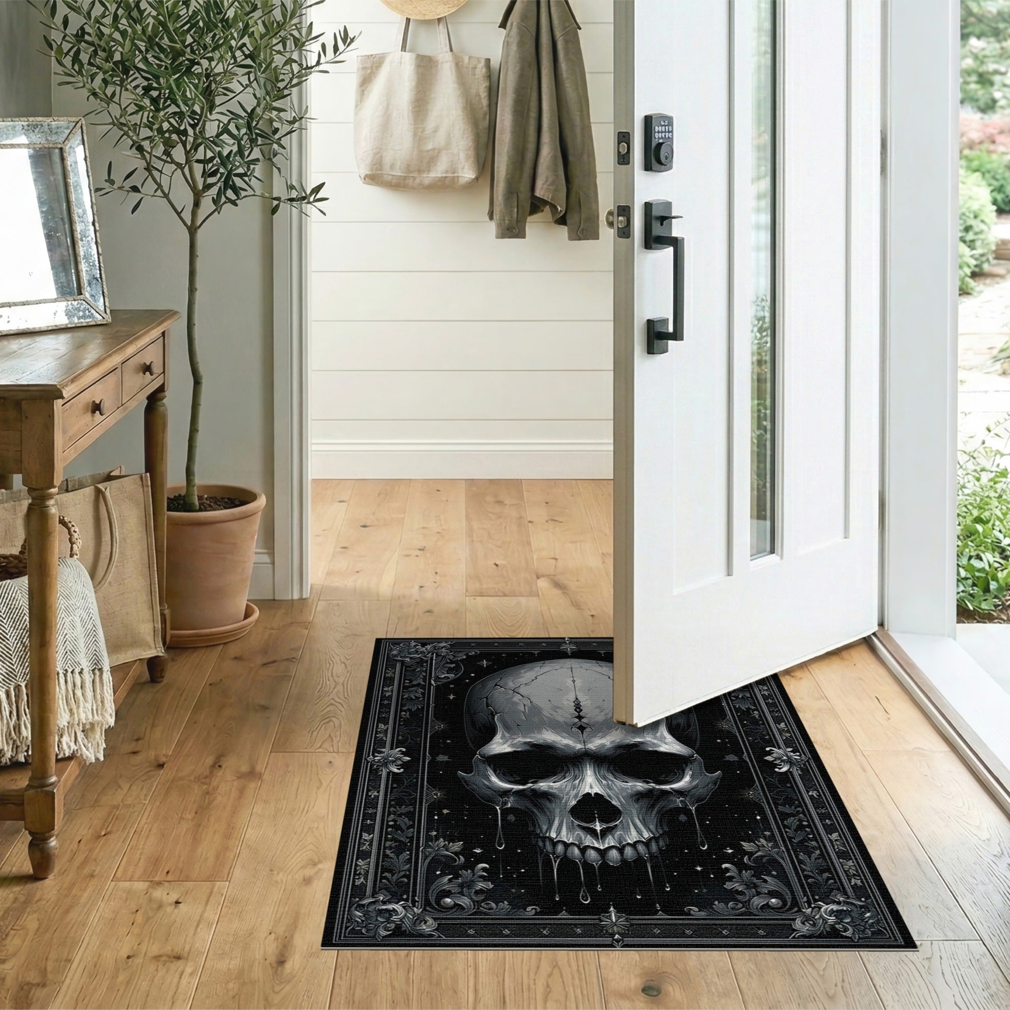 Ornate Distressed Skull Black White Area Rug