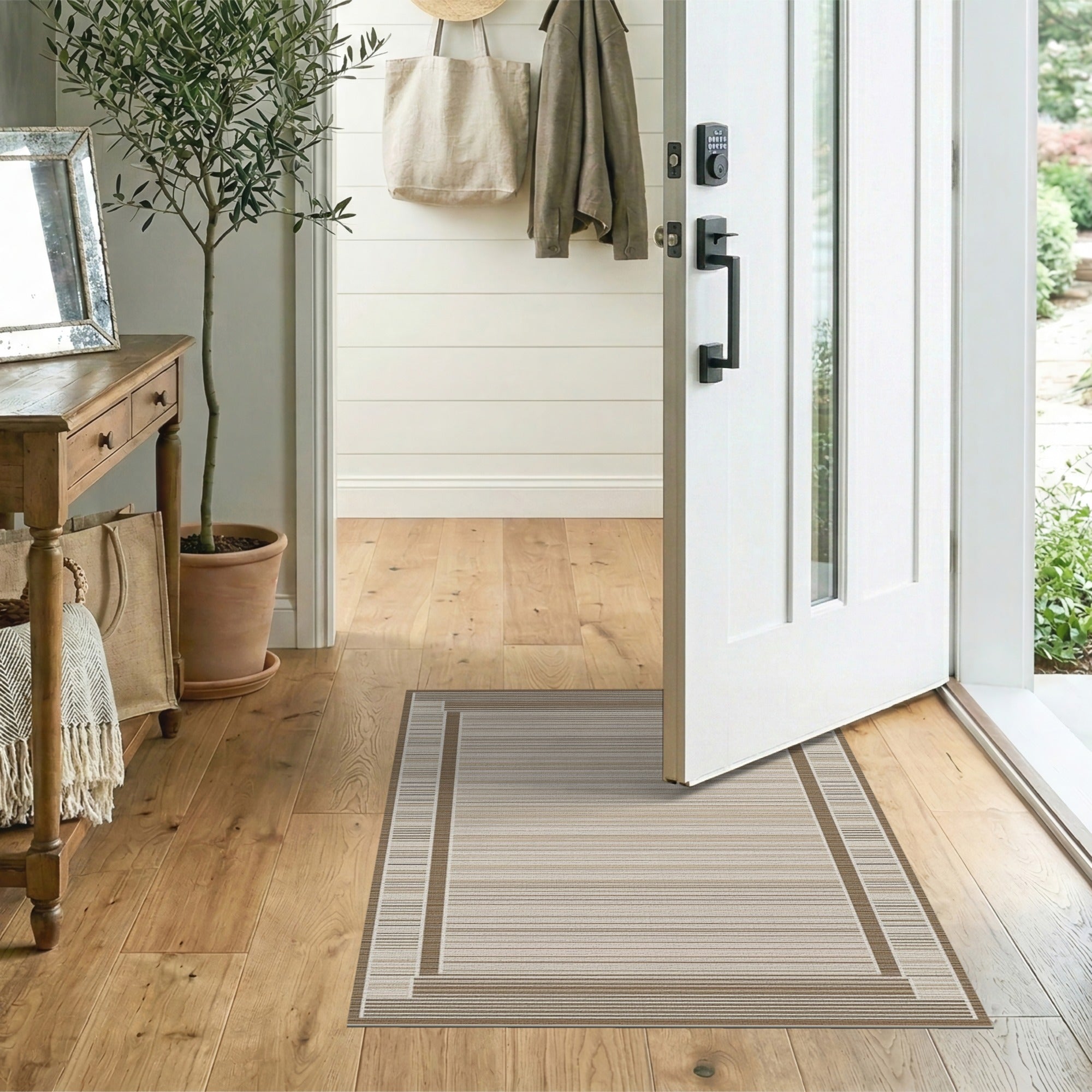 Beige and Neutral Beige Striped Border Geometric Area Rug