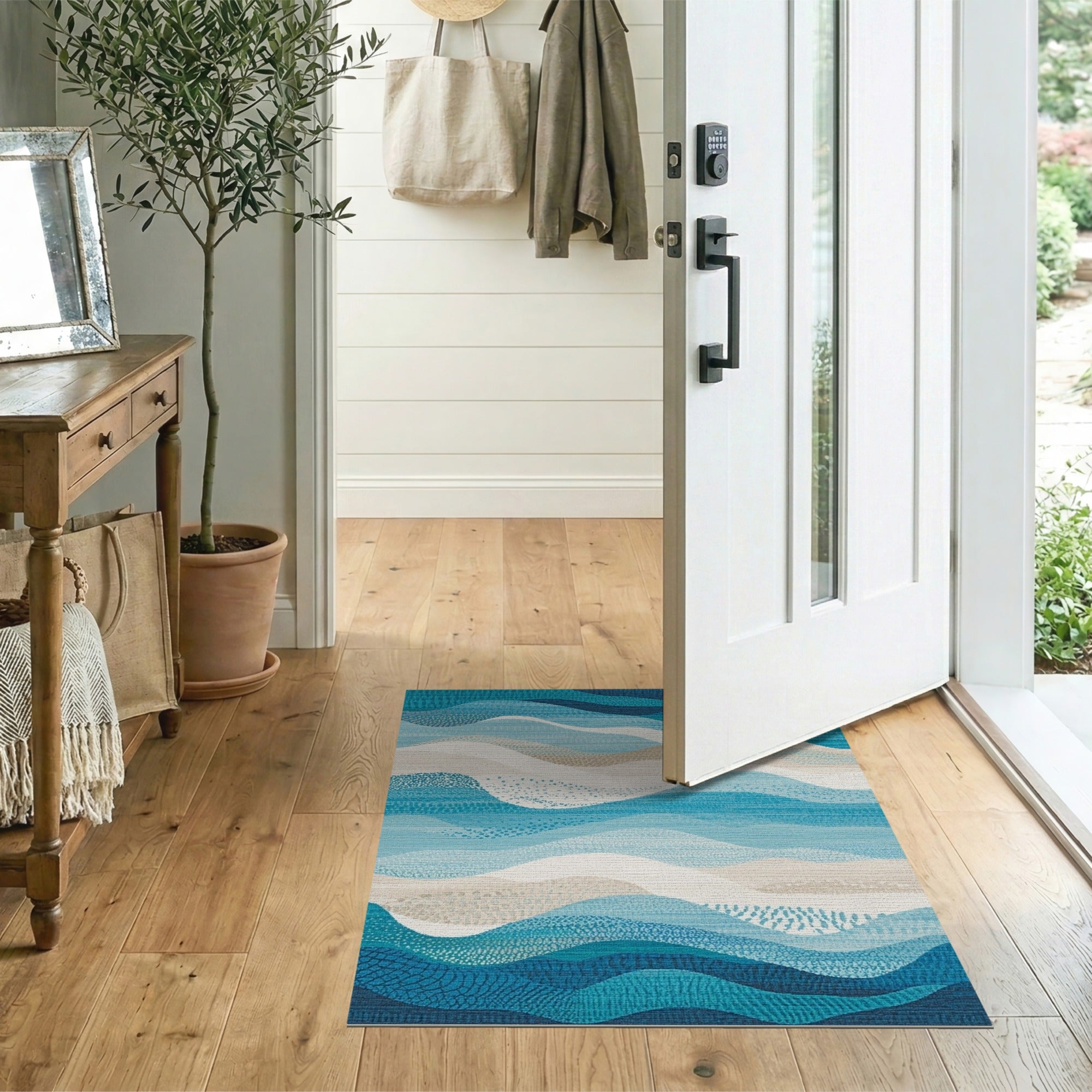 Washable Abstract Coastal Blue Wave Area Rug - Low Pile, Non-Slip, Pet Friendly