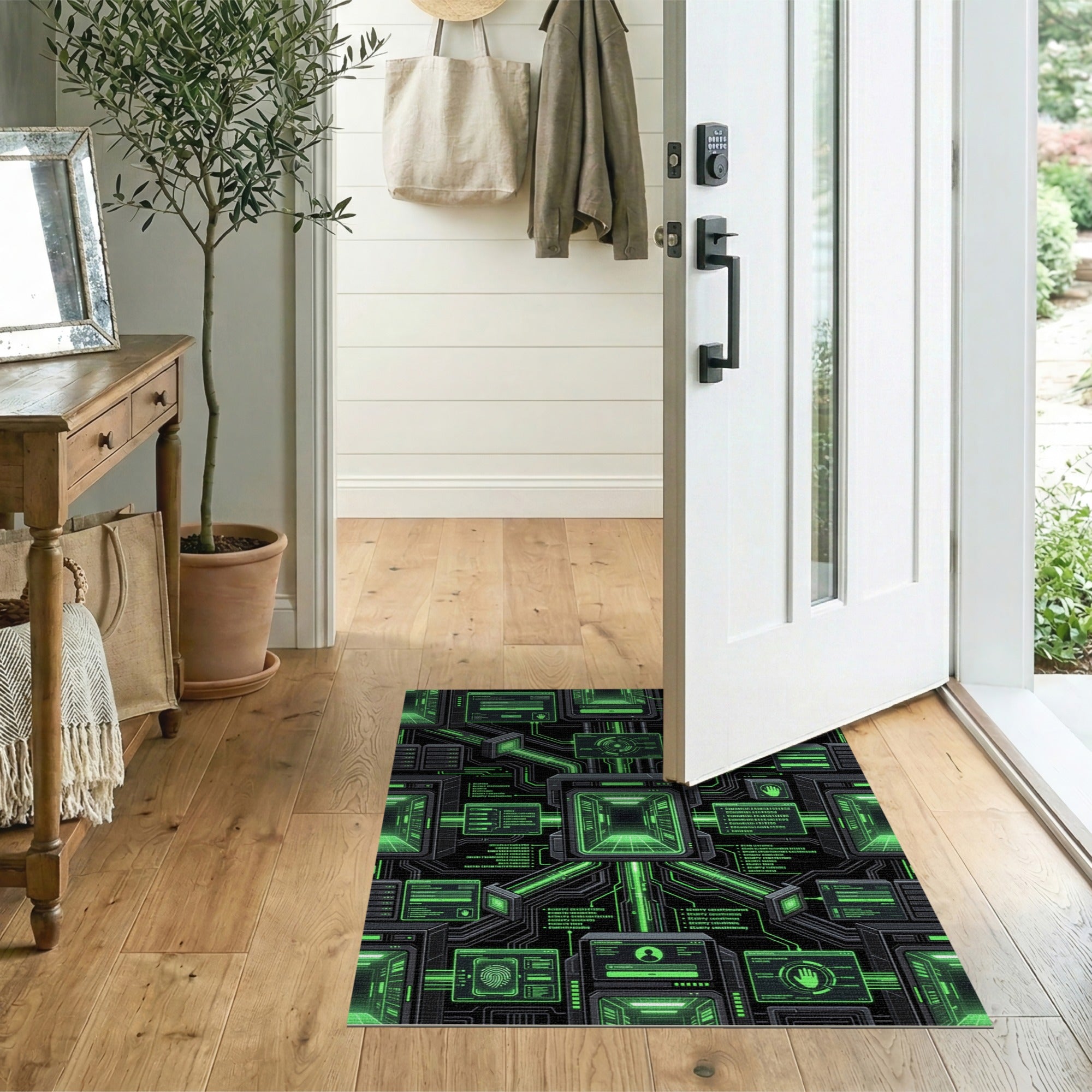 Neon Green Cyber Circuit Matrix Area Rug