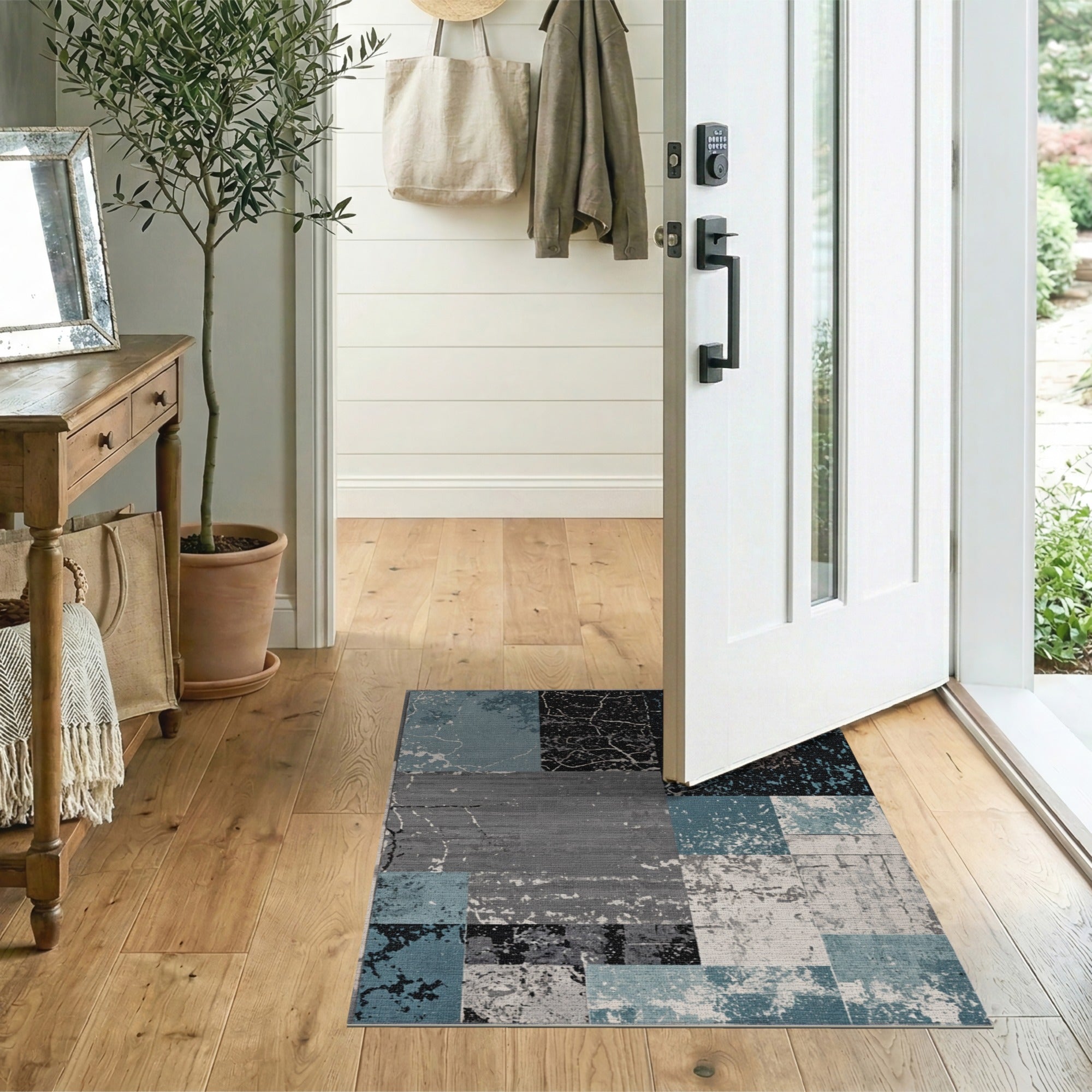Teal Blue Distressed Patchwork Area Rug