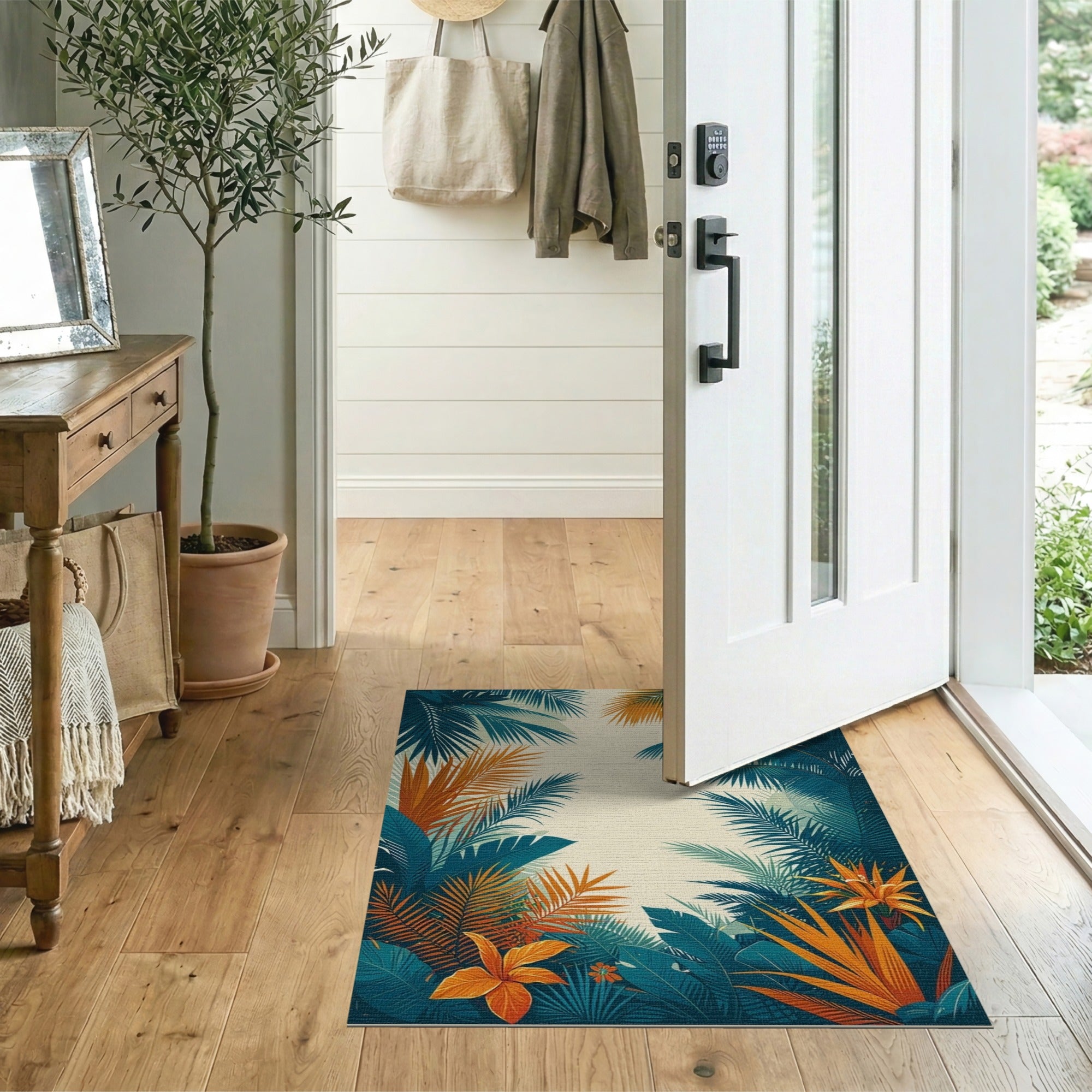 Teal Palm Frond Area Rug with Orange Hibiscus