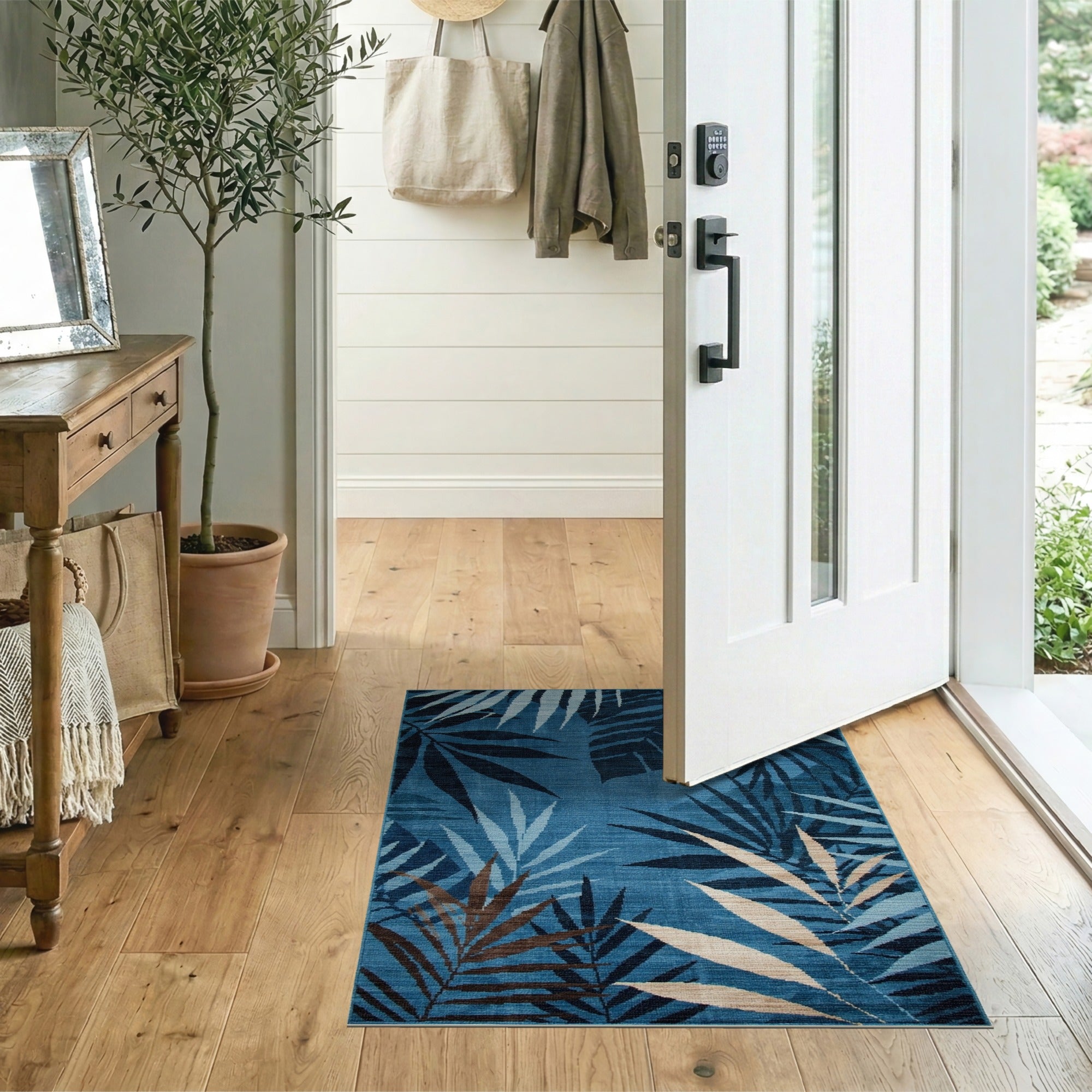 Coastal Beach Blue and Teal Teal Palm Frond Area Rug