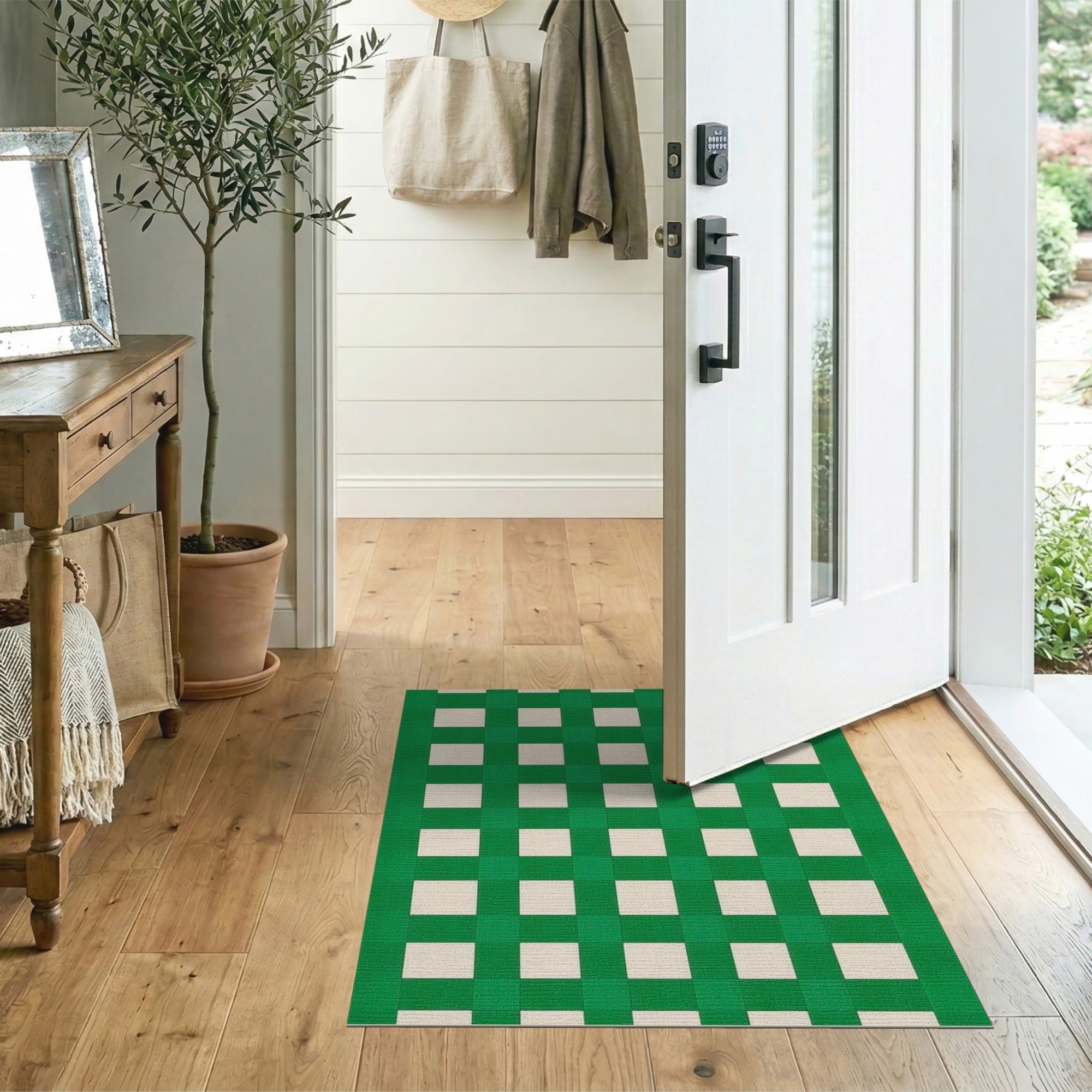 Green Green Gingham Checkered Area Rug