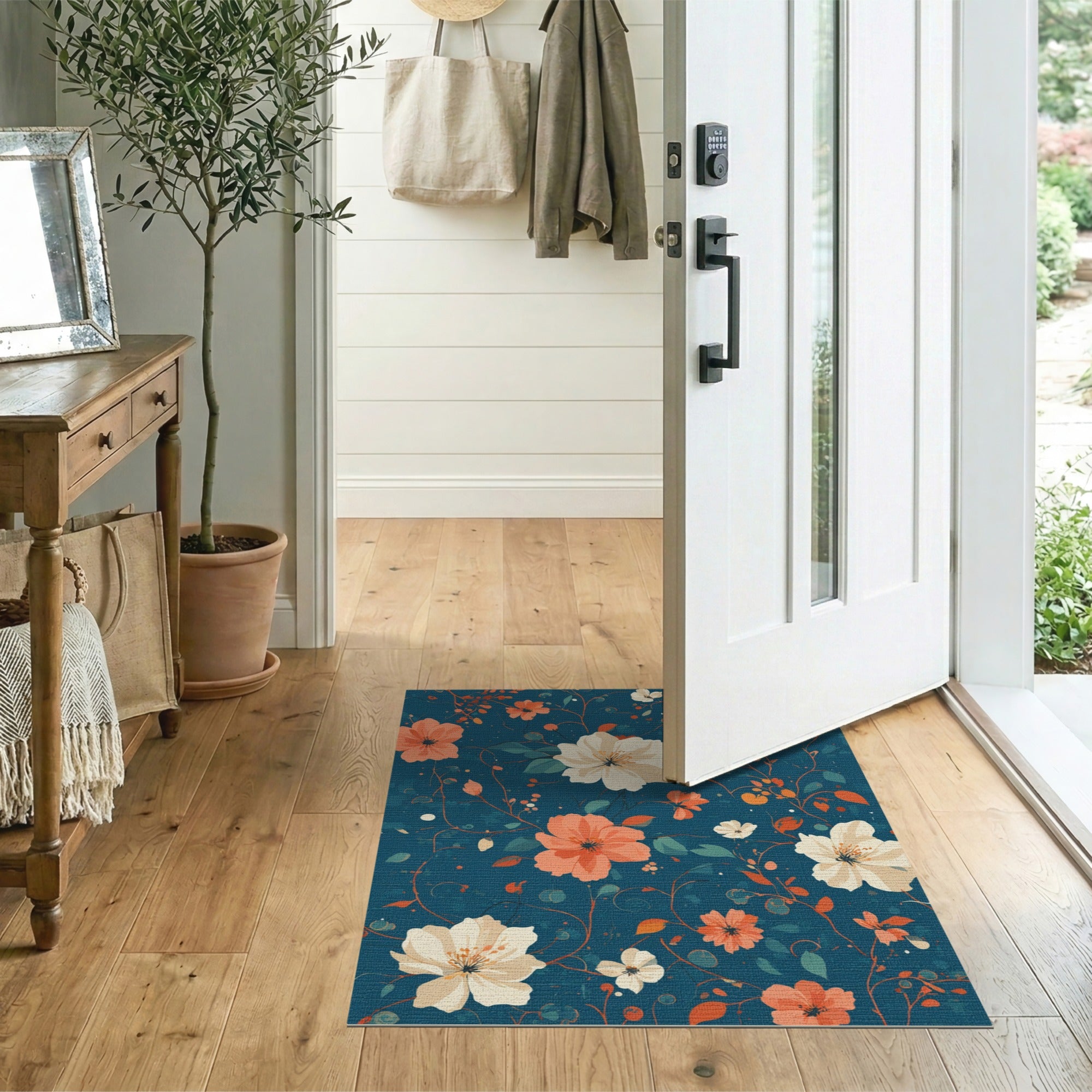 ODIKA Washable Floral Area Rug - Non-Slip Low Pile Teal & Orange Artistic Carpet