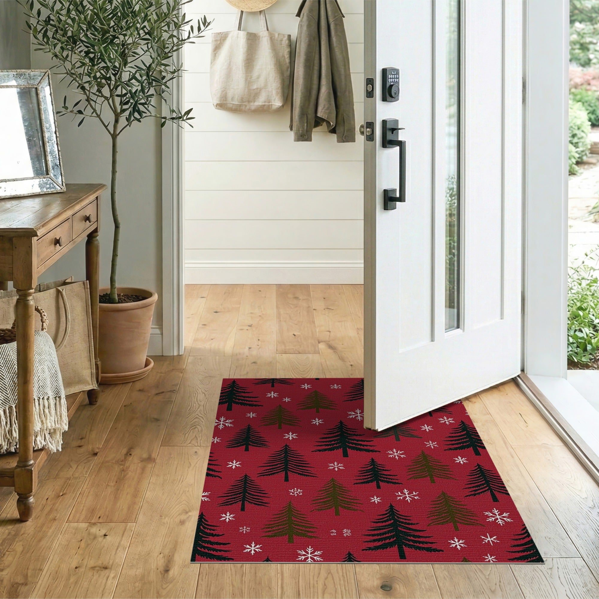 Red Pine Trees Snowflakes Holiday Pattern Area Rug