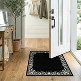 Ornate Ivory Floral Border Black Area Rug