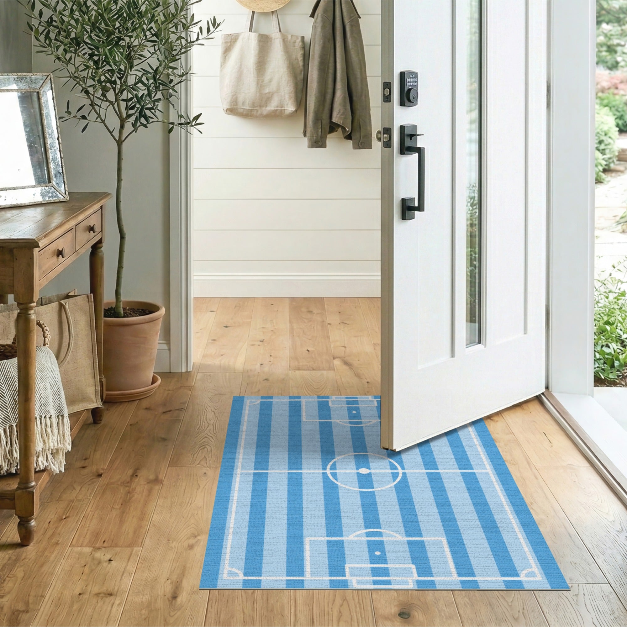 Blue Soccer Field Striped Area Rug