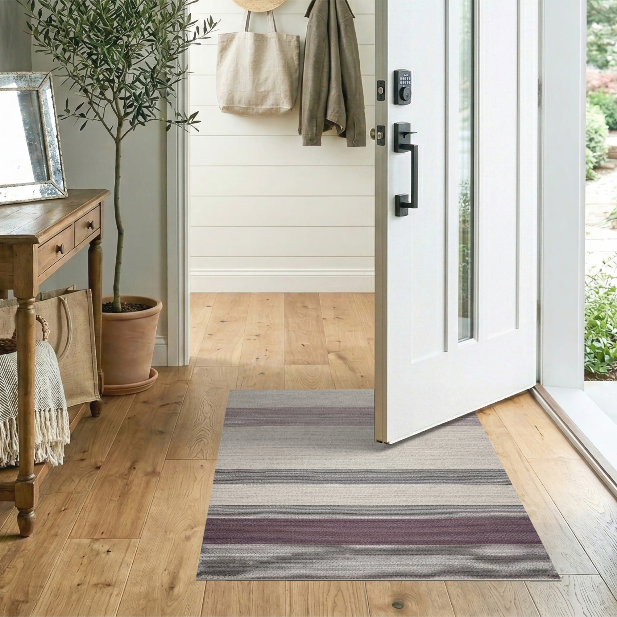 Beige Striped Woven Area Rug with Mauve Grey