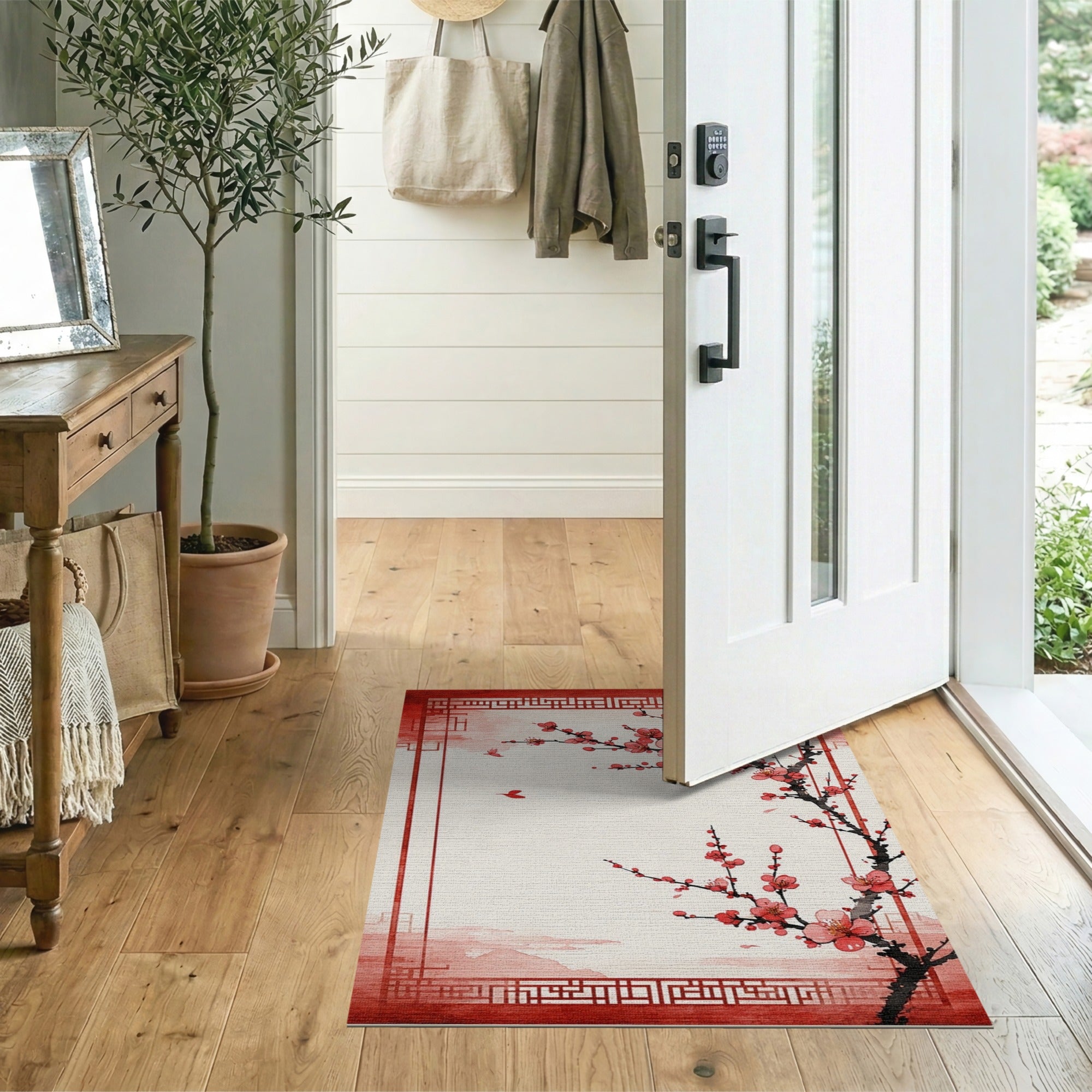 Red Framed Plum Blossom Watercolor Area Rug