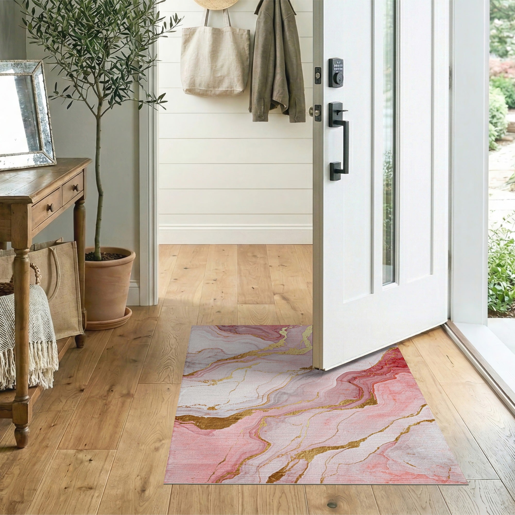 Rose Pink Gold Marble Abstract Area Rug