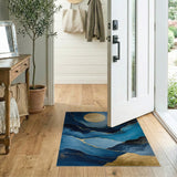 ODIKA Washable Abstract Navy Blue and Gold Marble Area Rug - Low Pile & Non-Slip