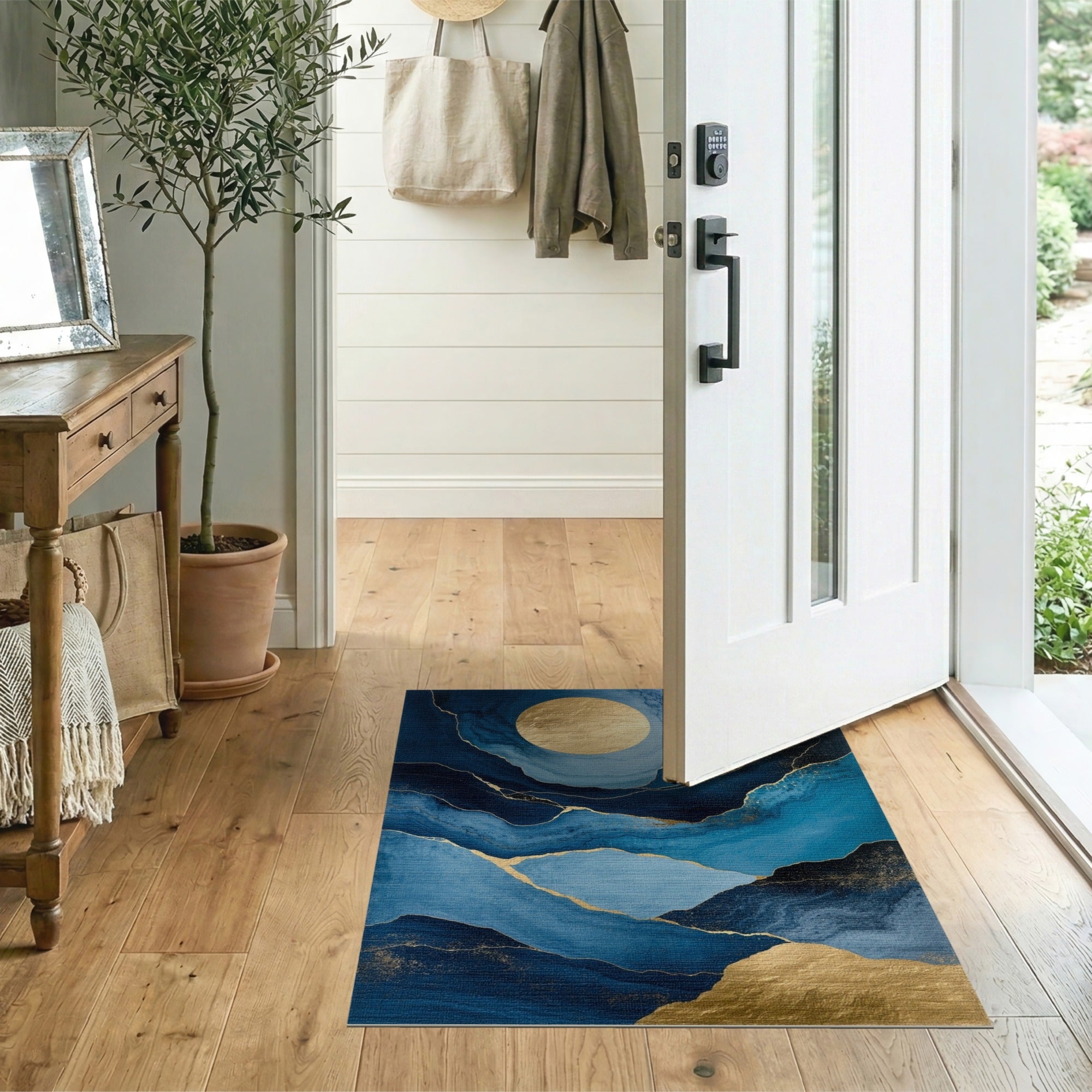 ODIKA Washable Abstract Navy Blue and Gold Marble Area Rug - Low Pile & Non-Slip