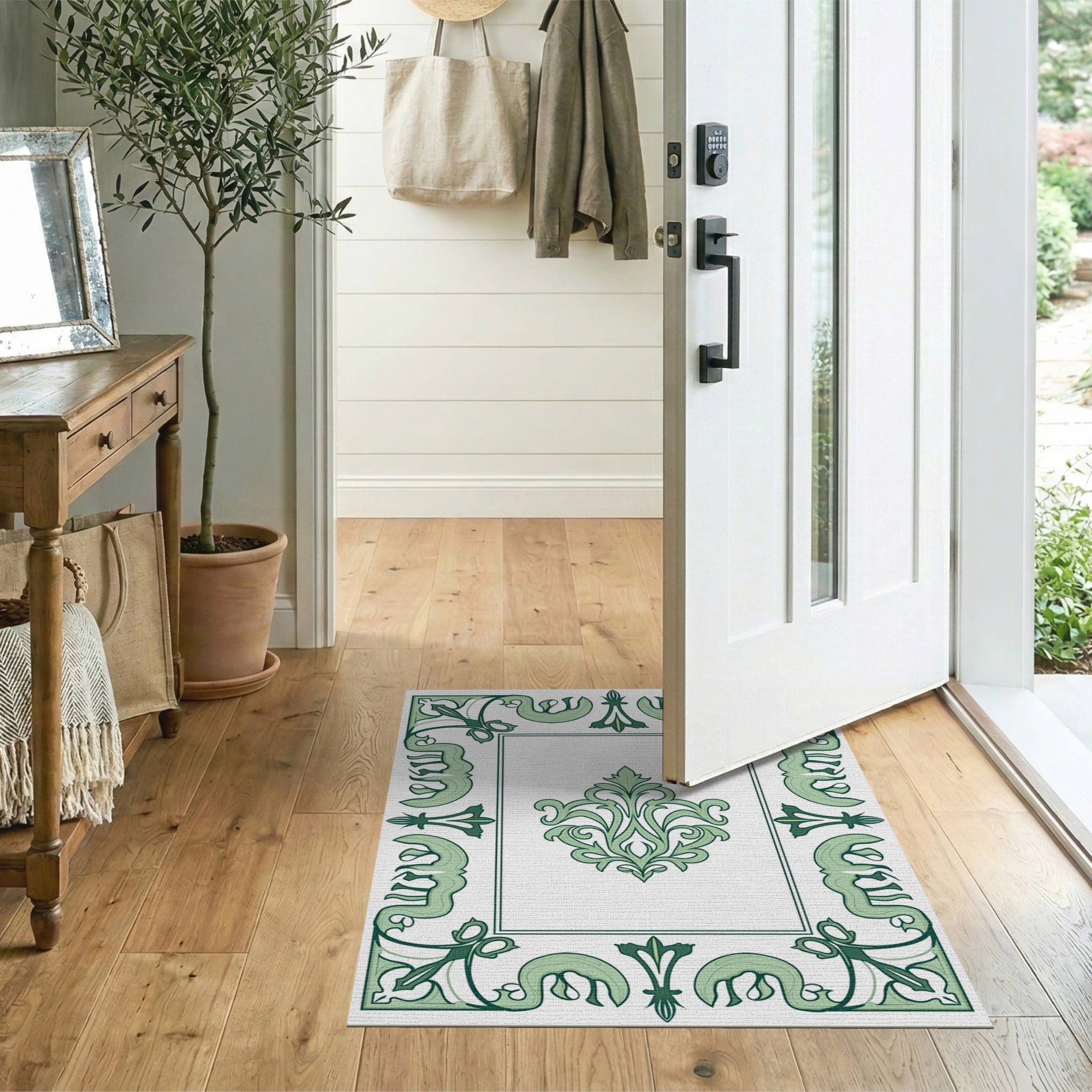 Ornate Green Floral Frame Area Rug
