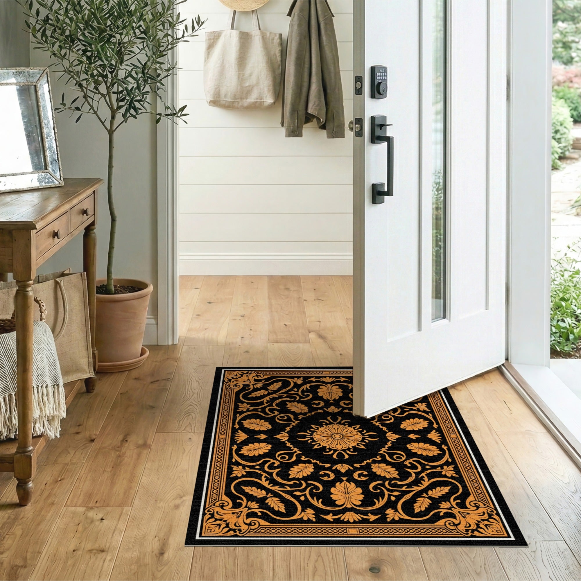 Ornate Black and Gold Floral Area Rug