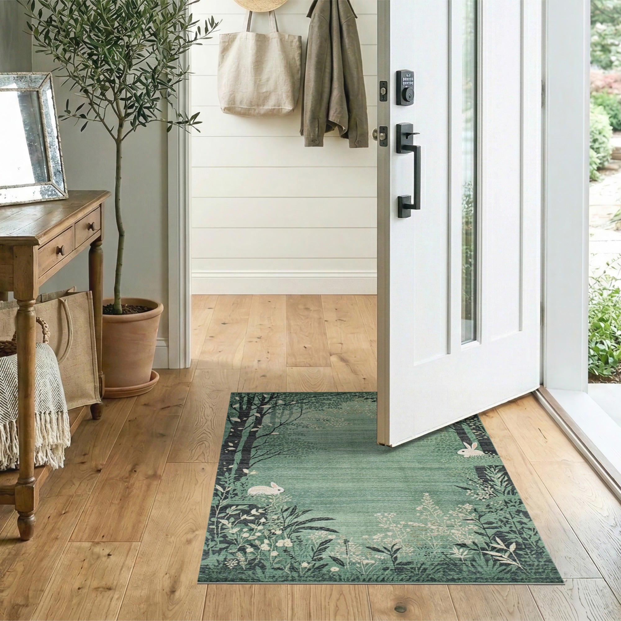 Whimsical Woodland Bunnies Green Area Rug