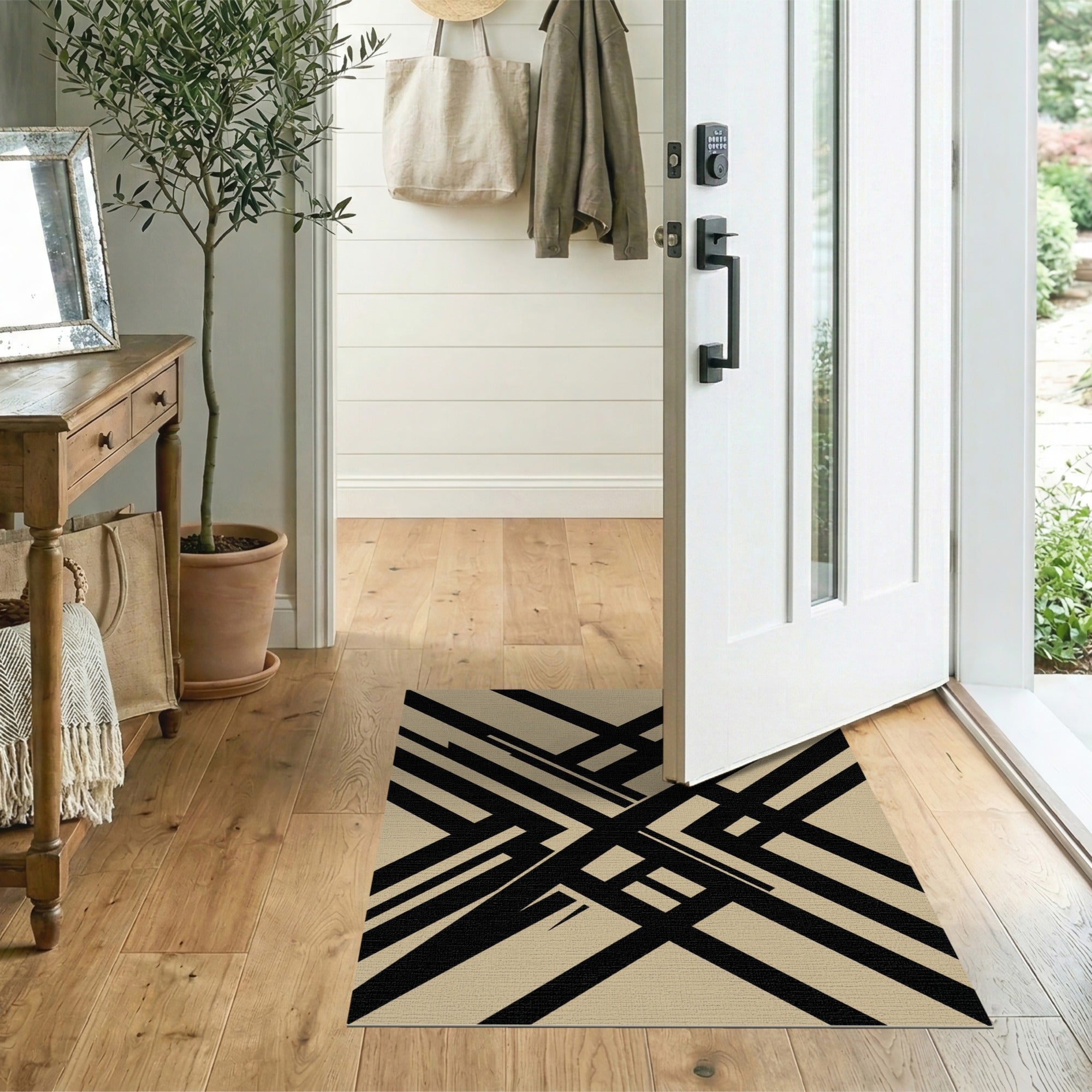 Modern Black Geometric Lines Beige Area Rug