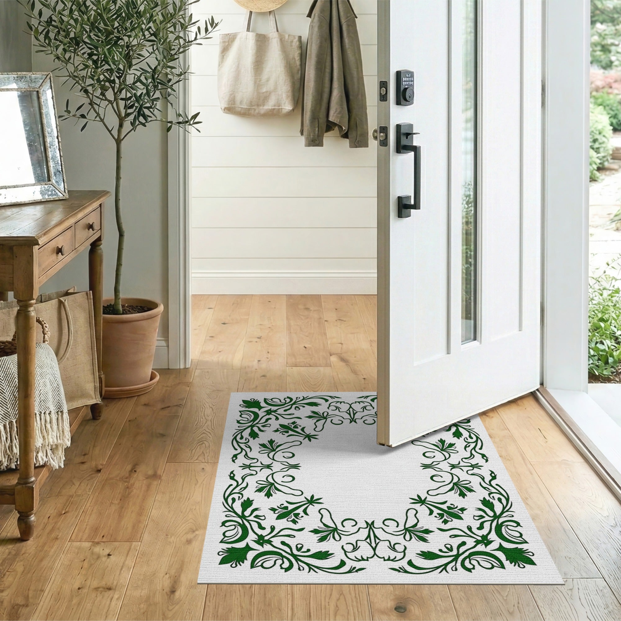 Floral Vintage Ornate Green Floral Frame Area Rug