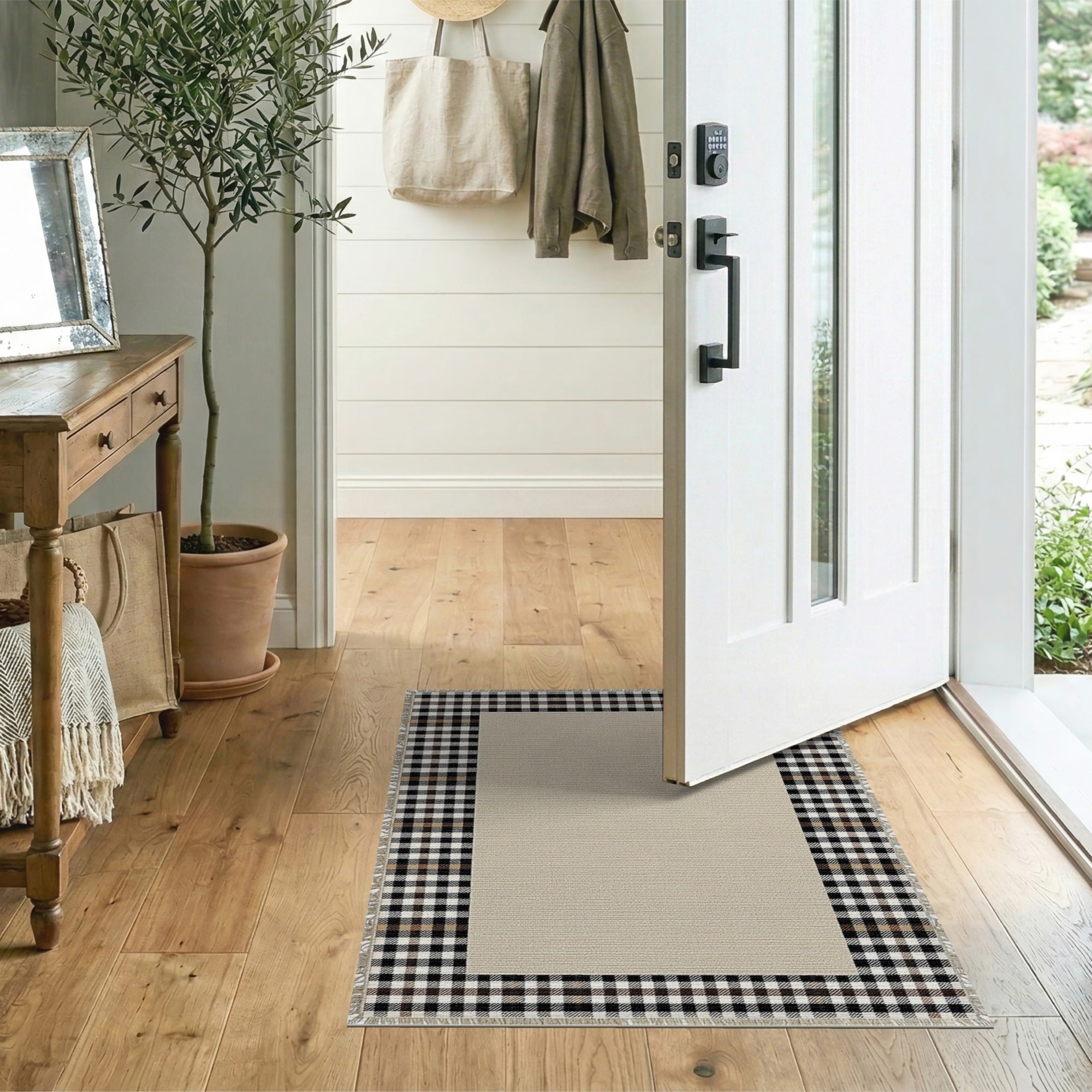 Beige Area Rug with Black Plaid Border Tassels