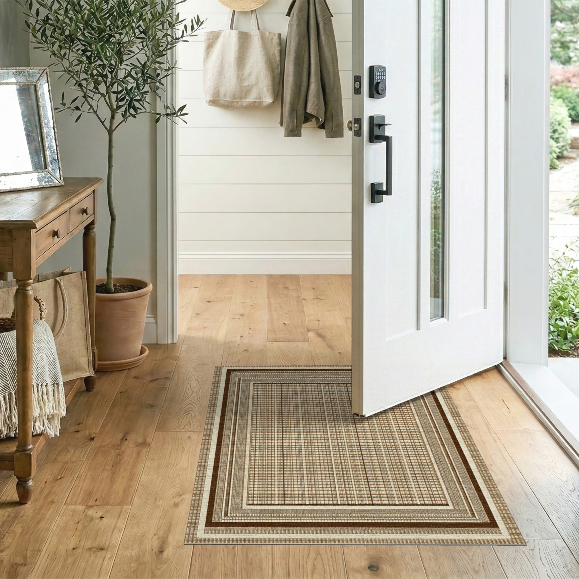 Brown Tan Multi-Border Plaid Area Rug